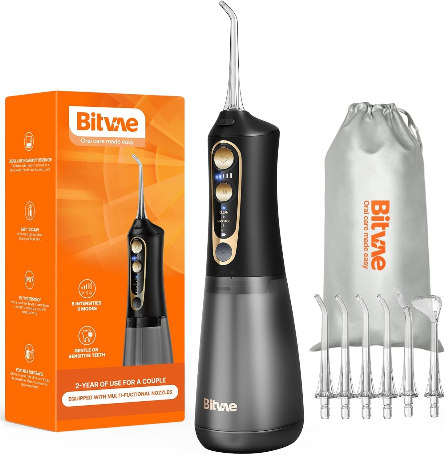 Bitvae C6 Water Dental Flosser for Teeth, Cordless Flosser for Travel with 6 Jet Tips, 3 Modes 5 intensities, IPX7 Waterproof Portable & Rechargeable Oral Irrigator Cleaner, Black