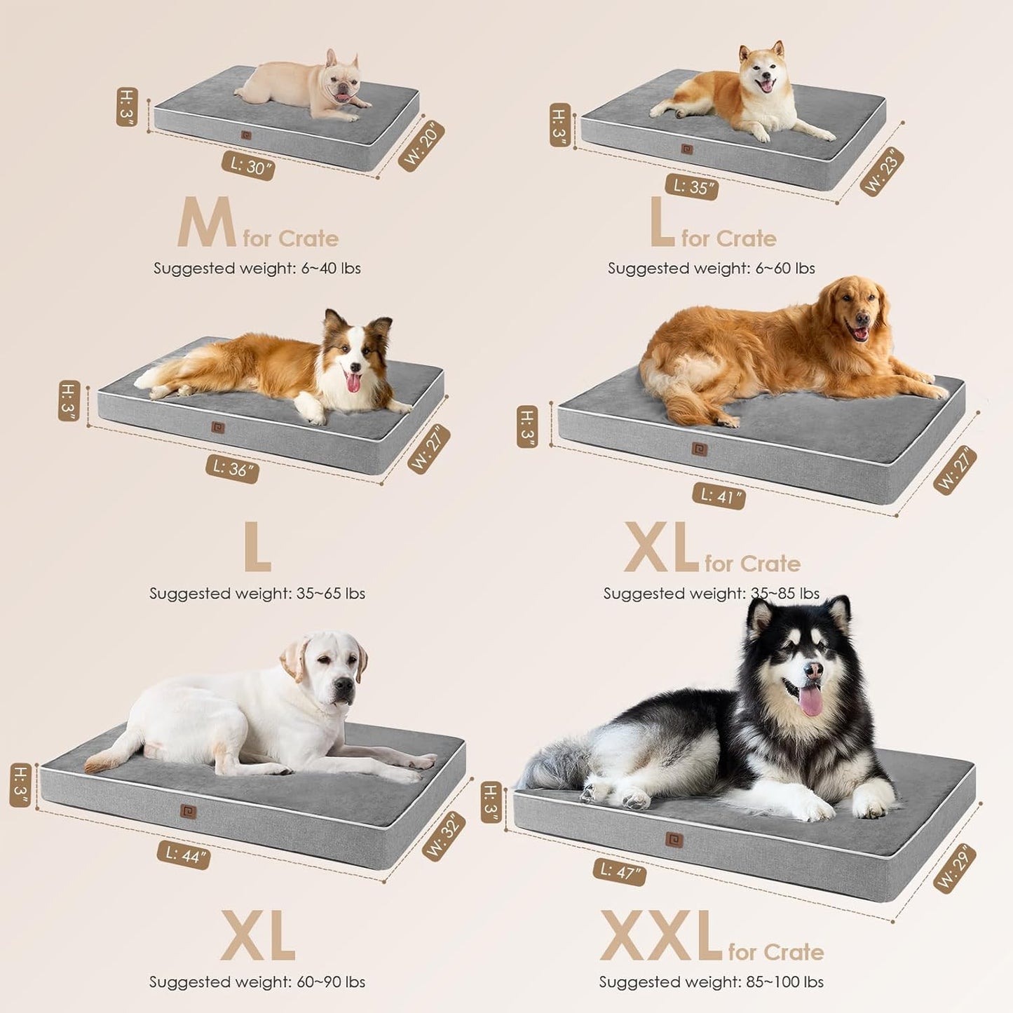 EHEYCIGA Waterproof Dog Bed Orthopedic 41"x27", Memory Foam Pet Bed for XLarged Dogs, Washable Pet Mat with Removable Cover, Grey