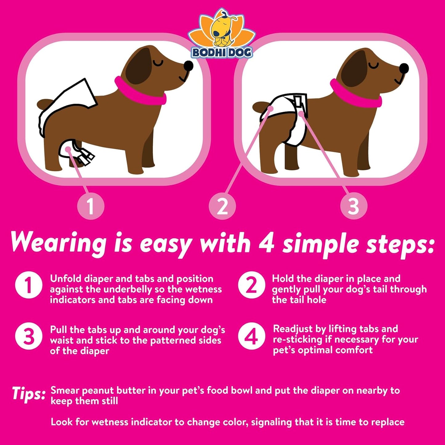 Bodhi Dog Disposable Female Dog Diapers - Super Absorbent Dog Diapers for Female Heat Cycle - Adjustable Fit Pee Wraps for Potty Training, Moisture Control & Wetness Indicator - Extra Small (20 Count)