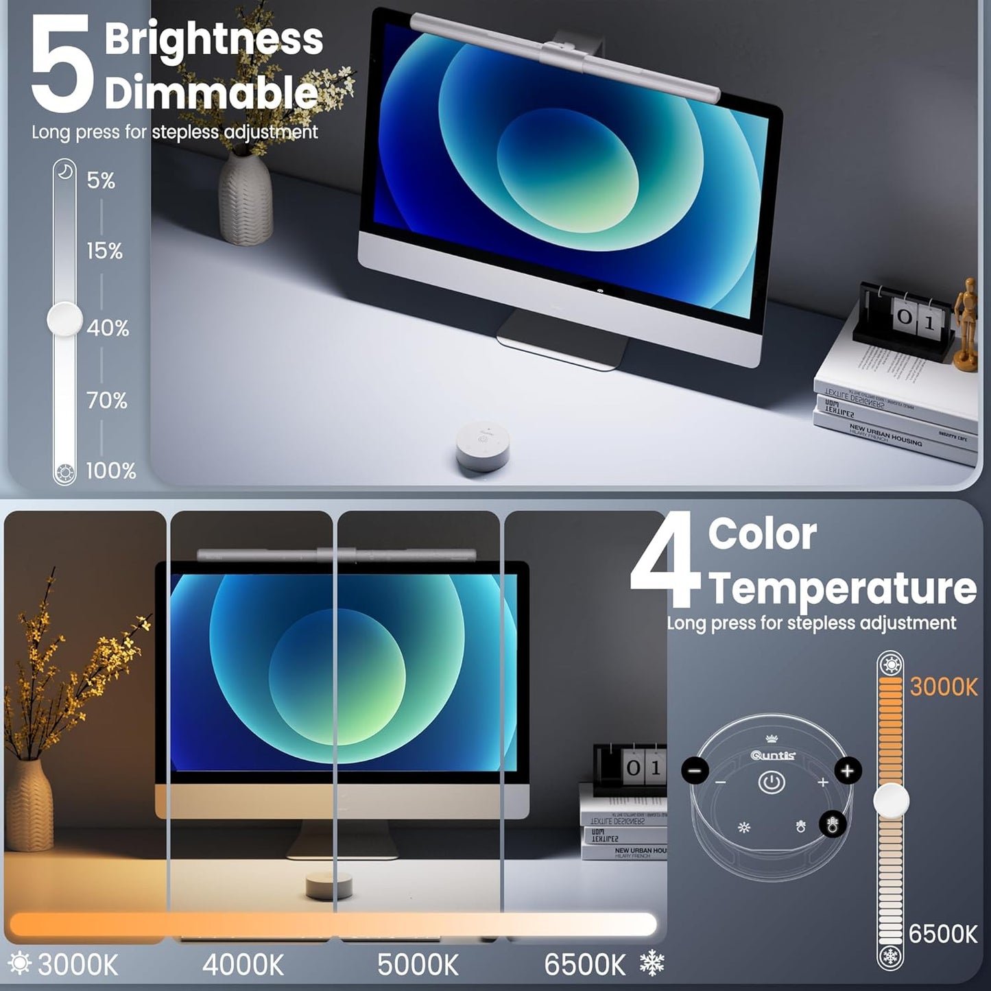 Quntis Monitor Light Bar Pro White, Eye-Care No Glare USB Computer Lamp, Stepless Dimming & Auto-Dimming Brightness, Dual Control, Modern Aesthetic Space Saving Desk Accessories Office Gaming Reading