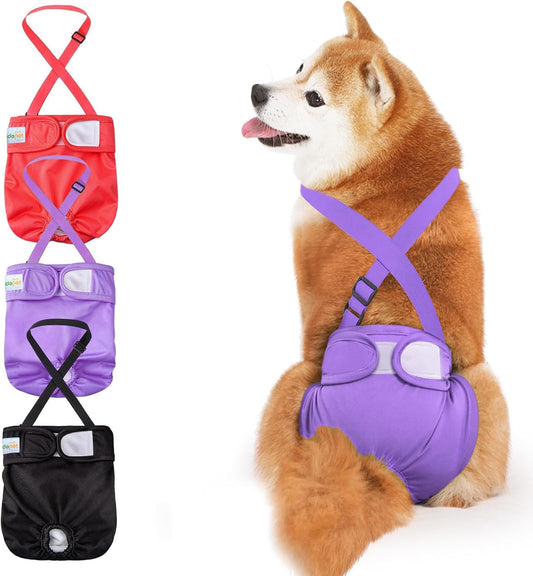 Idepet Female Dog Diapers with Suspender 3 Pack Washable Reusable Doggie Diapers for Small Medium Female Dog in Heat Period Cycle Urinary Incontinence Training, Black+Red+Purple S