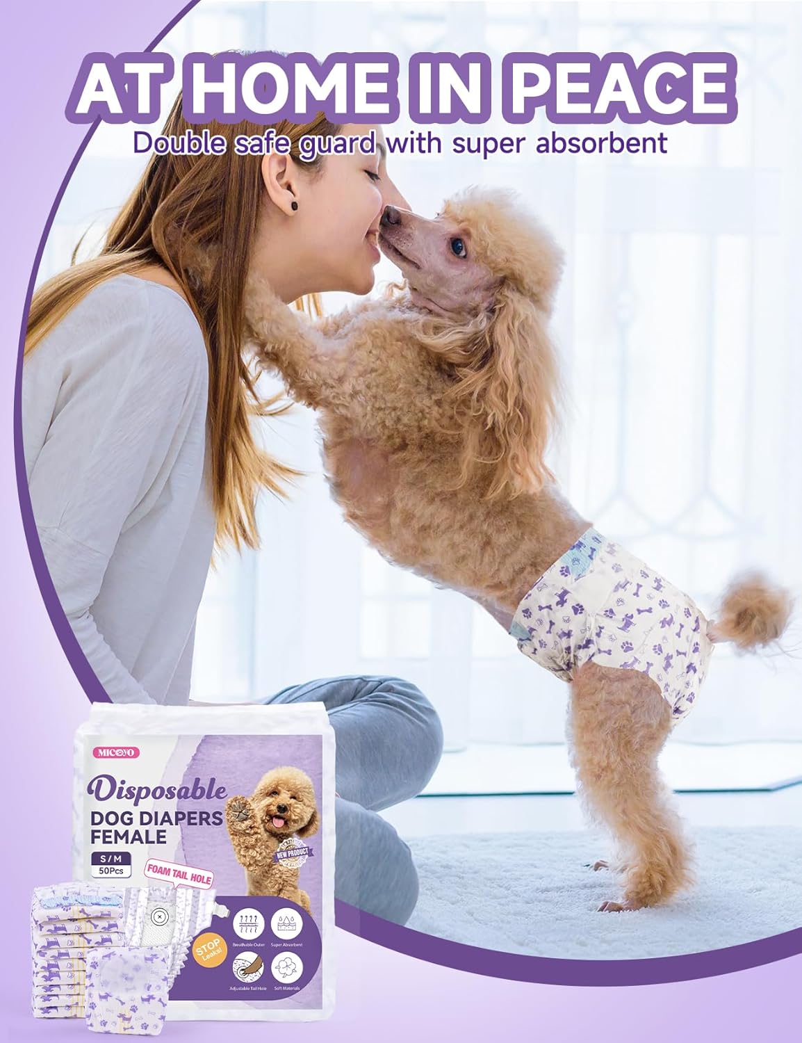 MICOOYO Disposable Dog Diapers Female, Doggie Diapers for Dogs Female, Super Absorbent Pet Diaper with Foam Tail Hole for Heat, Comfortable Puppy Diaper (20Count, X-Small)