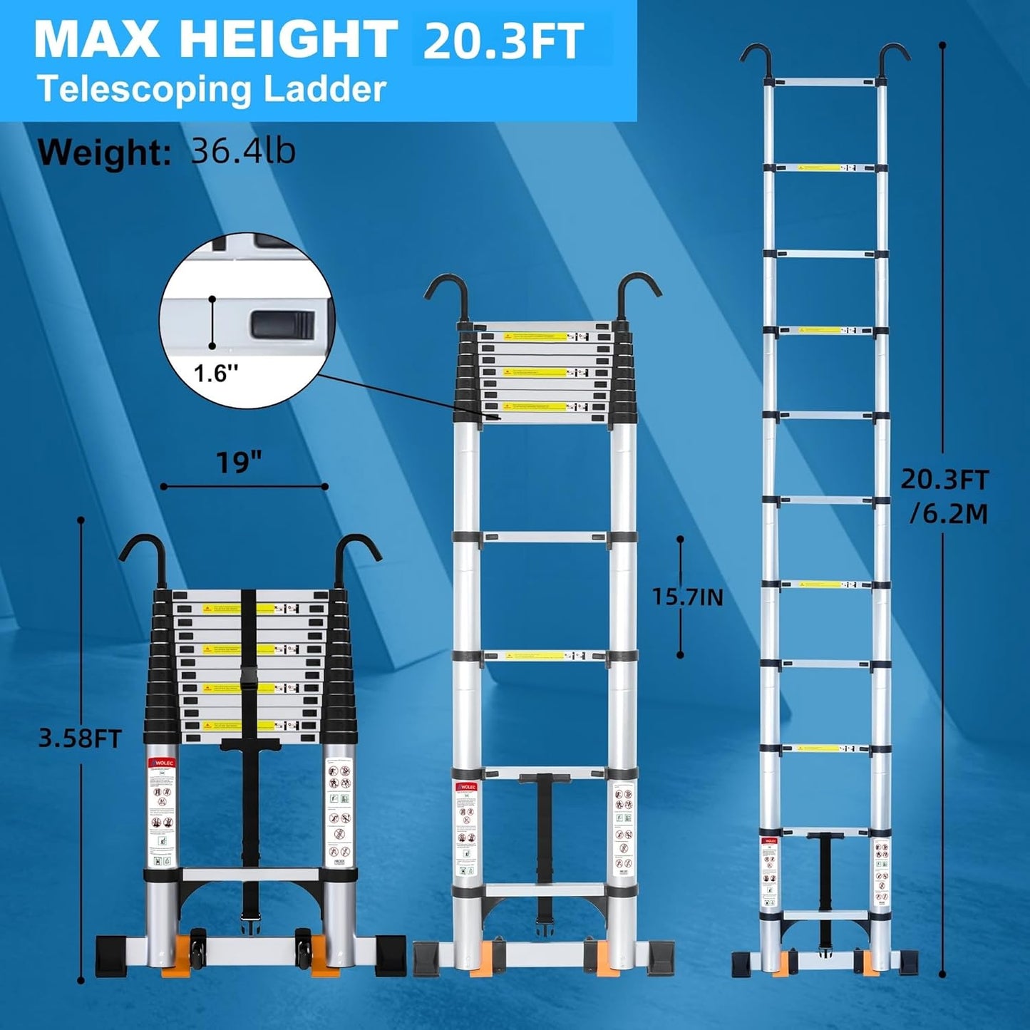 20.3 ft Aluminum Telescoping Ladder, 330 lb Load, Hooks Wheels Stabilizer Bar, Portable Collapsible Ladder for Home Use and Work, Silver