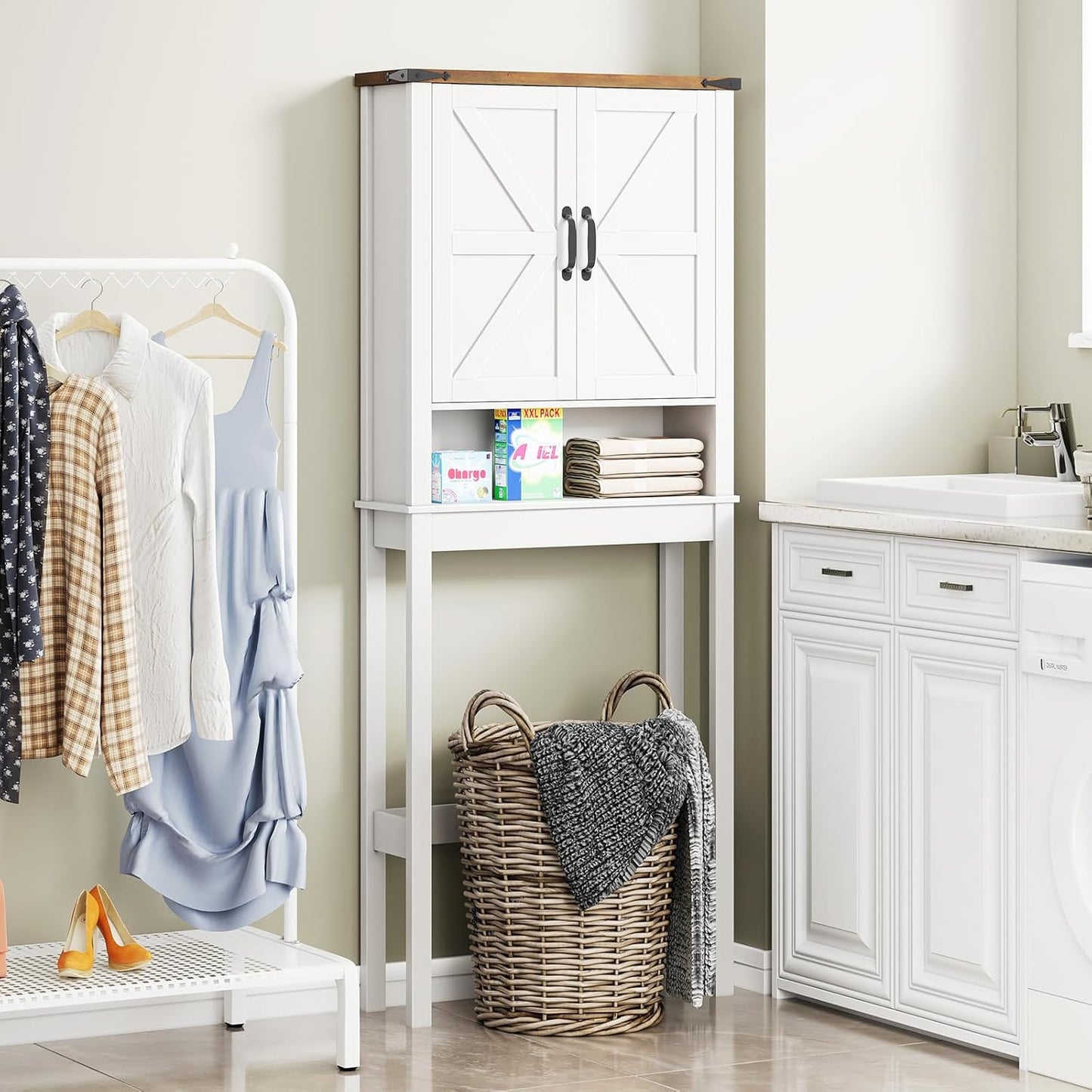 Over The Toilet Storage Cabinet, Farmhouse Over Toilet Bathroom Organizer with 2 Barn Doors, Narrow Above Toilet Storage Cabinet, Behind Toilet Bathroom Organizer (Rustic White)