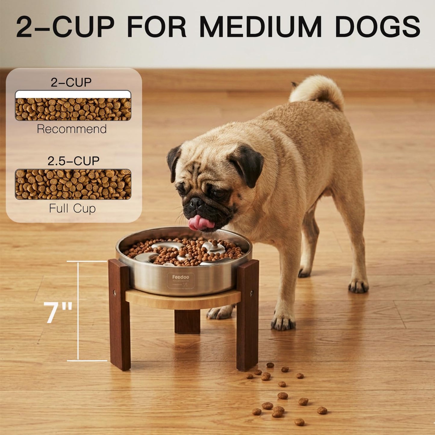 Elevated Dog Bowl Stand, 6'' Height Raised Stand for Medium&Small Dogs, Includes 2Cups Stainless Steel Slow Feeder Dog Bowl, Durable Solid Hardwood