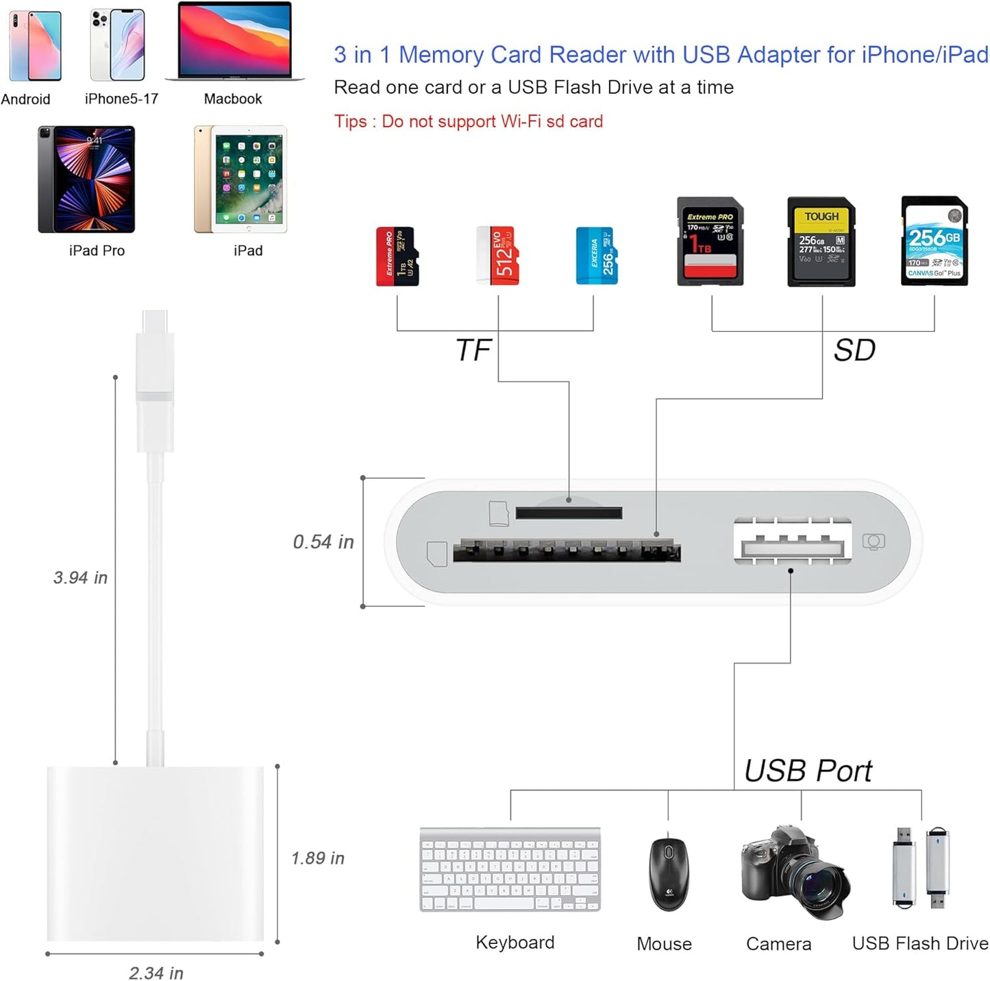 SD Card Reader for iPhone, Memory Card Reader with USB Camera Adapter Plug and Play Trail Game Camera Viewer Supports SD and TF Card MicroSD Card Adapter for iPad No App Required