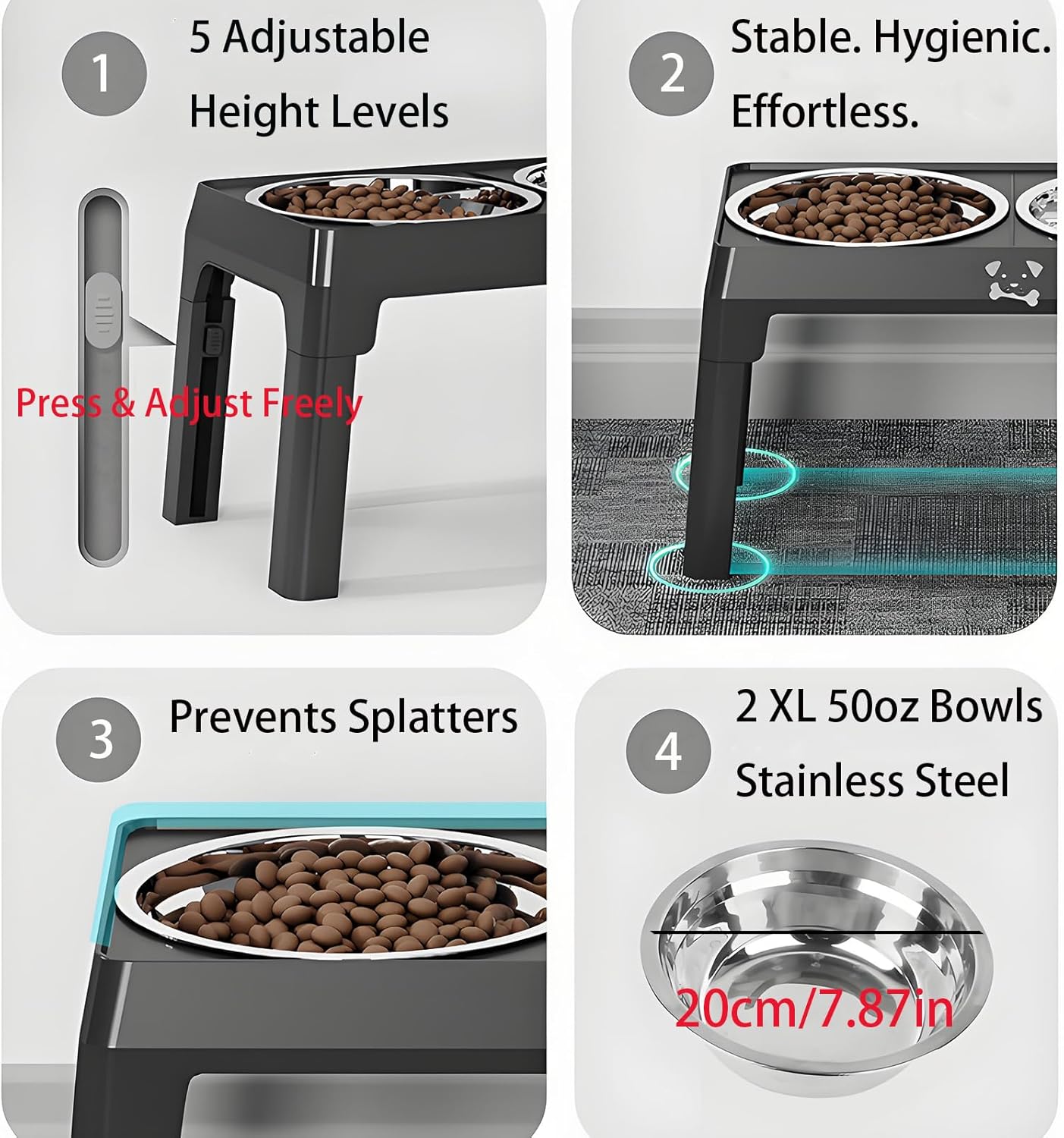 Elevated Dog Bowls Stand 5 Height Adjustable, Raised Dog Feeder with 2 Thick 50oz Stainless Steel Bowls, Non-Slip Pet Food Station for Medium & Large Breeds (Black)