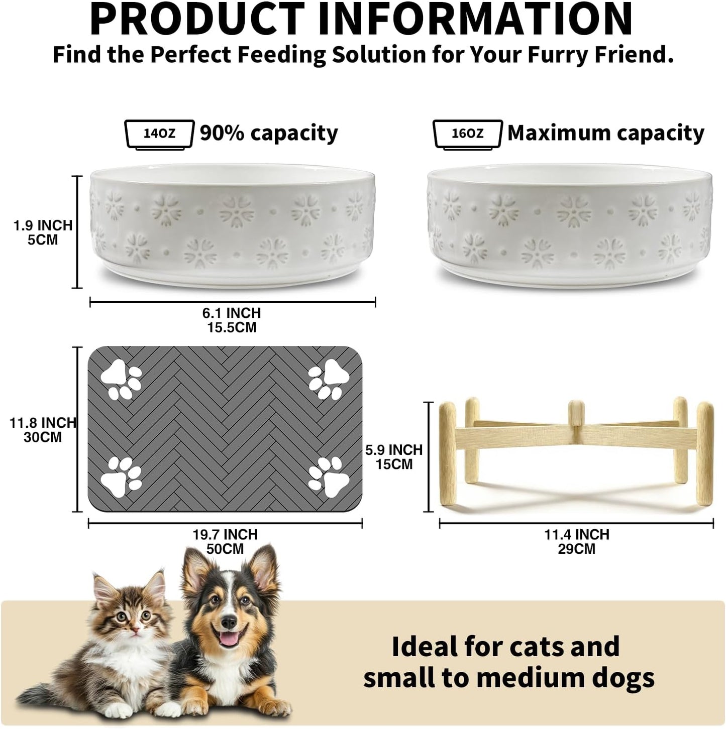 Raised Ceramic Pet Bowls Set with Wooden Stand & Waterproof Mat, 16oz Anti-Vomit Whisker-Friendly Bowls for Cats & Small to Medium Dogs, Non-Slip Stable Design
