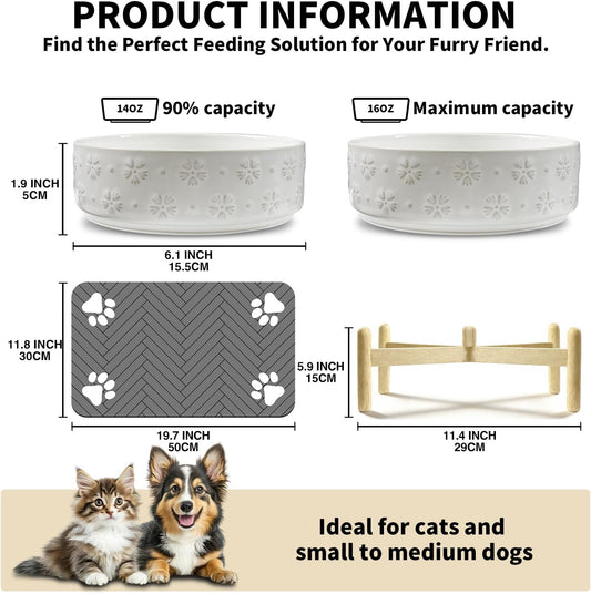 Raised Ceramic Pet Bowls Set with Wooden Stand & Waterproof Mat, 16oz Anti-Vomit Whisker-Friendly Bowls for Cats & Small to Medium Dogs, Non-Slip Stable Design