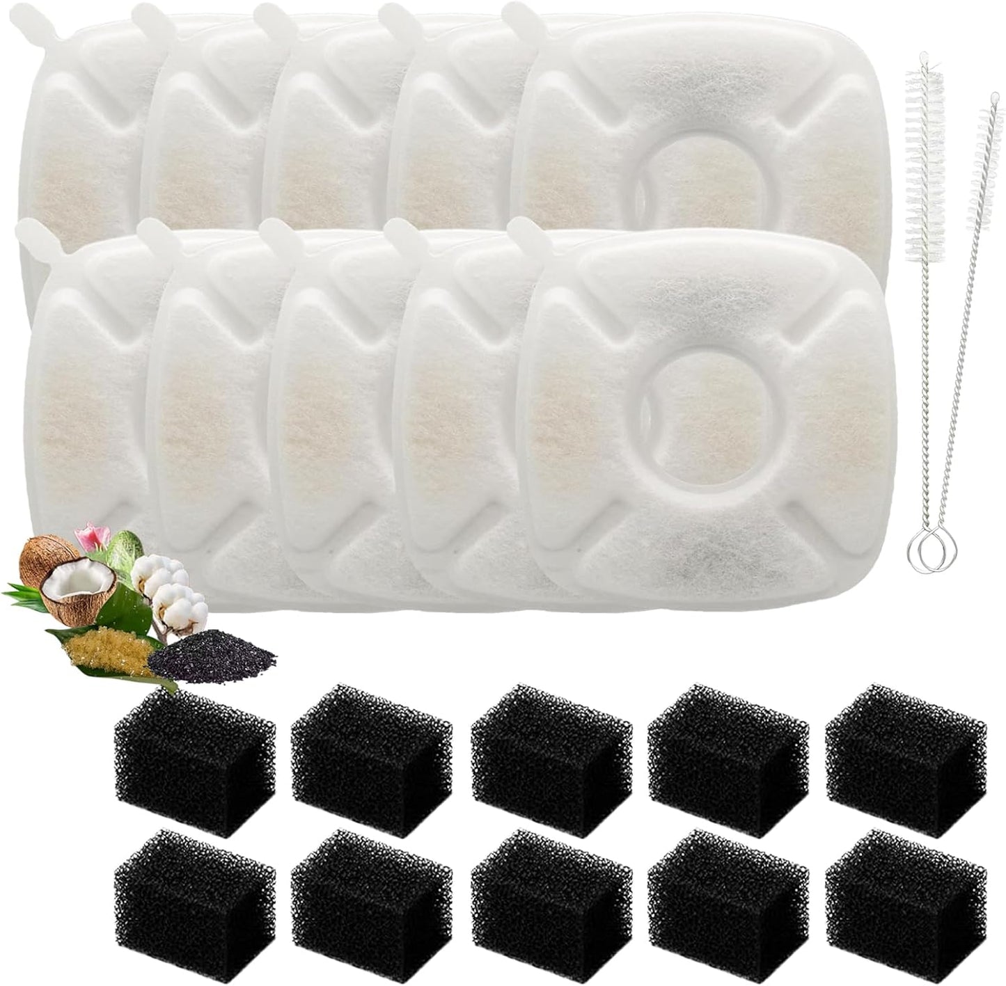 22 Pack(10 Replacement Filters+10 Pre-Filter Sponges+2 Brushes) Cat Water Fountain Filters Replacement,Compatible with VEKEN 67oz/2L,95oz/2.5L,135oz/4L Automatic Pet Fountain Cat Water Dispenser