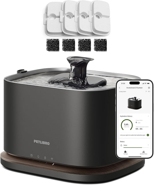 PETLIBRO Upgrade Cordless Cat Water Fountain + 4 Packs Cat Fountain Filter Replacement, App Monitoring 3L/101oz Dockstream 2 Pet Water Fountain with Stainless Steel Tray, 2-Month Set Easy-Swap