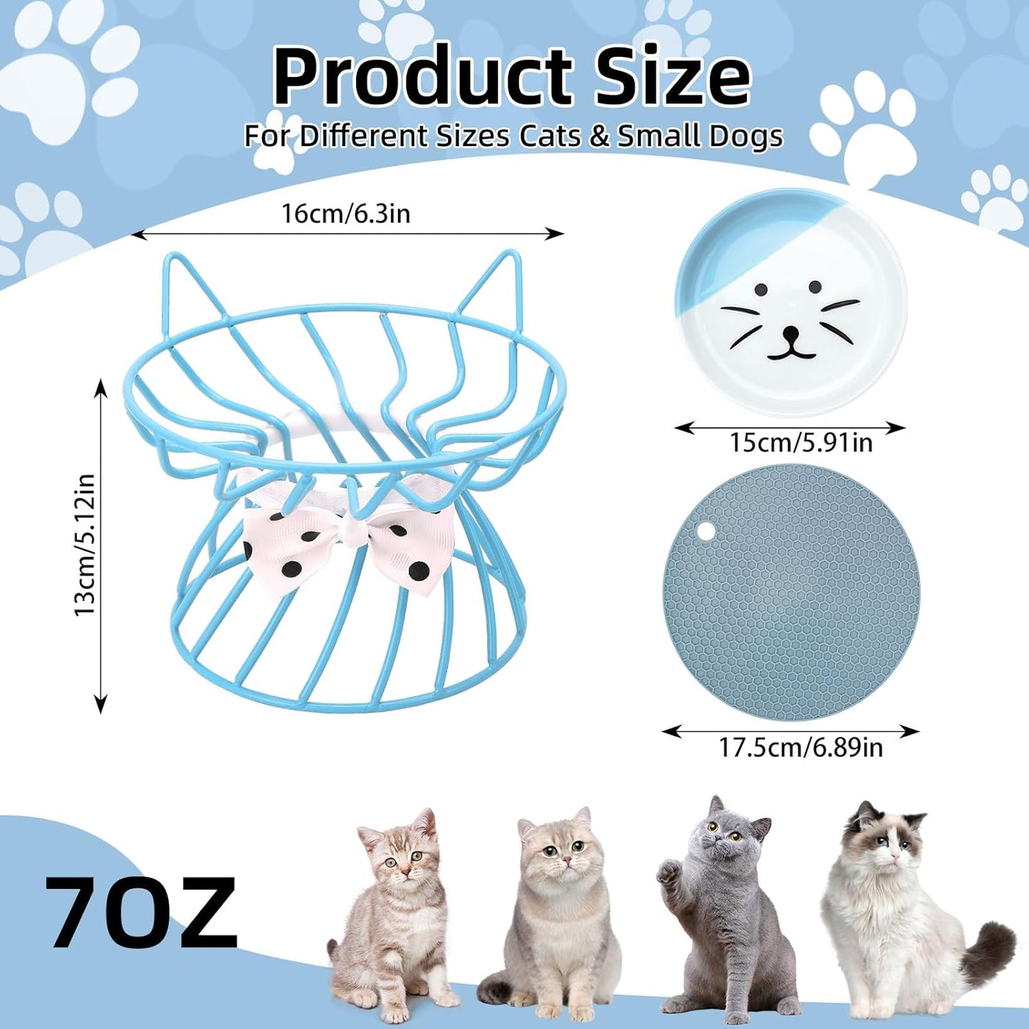 Elevated Cat Food Dishes, Whisker-Friendly Cat Plates with Metal Stand for Food and Water, Anti-Vomit, Non-Slip Feeding Station for Indoor Cats, Kitte