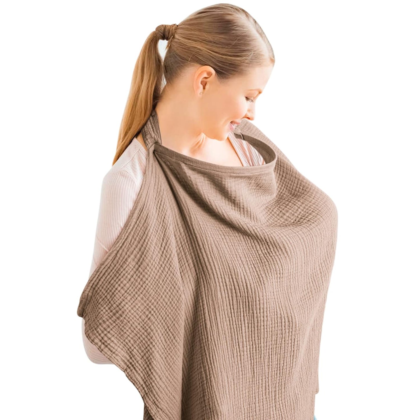 Konssy Muslin Nursing Cover for Baby Breastfeeding, Breathable 100% Cotton Breastfeeding Cover with Rigid Hoop for Mother Nursing Apron, Multi-use Carseat Canopy (Brown)