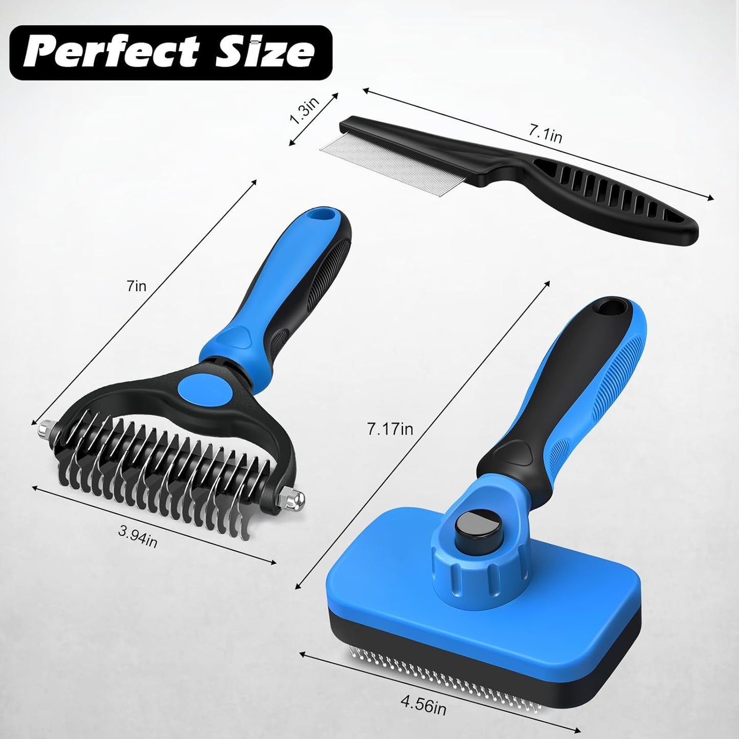 3PCS Self Cleaning Slicker Brush & Pet Grooming Rake & Flea Comb for Dogs, Cats and Horses | Double-Sided Dematting Comb & Skin Friendly Deshedding Grooming Tool | Premium Pet Supplies (Blue)