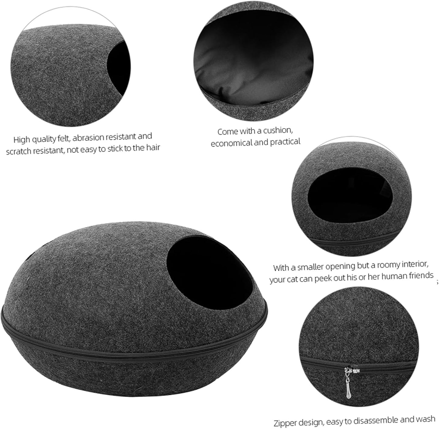 Felt Cat Cave Bed with Removable Cover, Cozy Pet Shelter for Indoor Cats, Zippered Washable Cat House with Roomy Interior, Warm Kitty Hideaway (Grey)