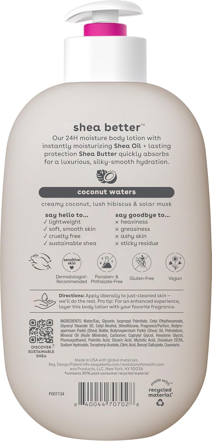 eos Shea Better Body Lotion Coconut Waters, 24-Hour Moisture Skin Care, Lightweight & Non-Greasy, Natural Shea, Vegan, Coconut Body Lotion, 16 fl oz