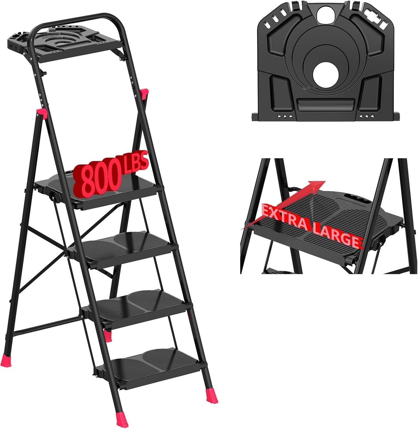 4 Step Foldable Step Ladder with Roomy Tool Tray, Platform Ladders Stepstools, Step Stool 4 Step Folding with Wide Non-Slip Pedals and 800lbs Bearing Capacity for Adults, Home, Kitchen, Black Red