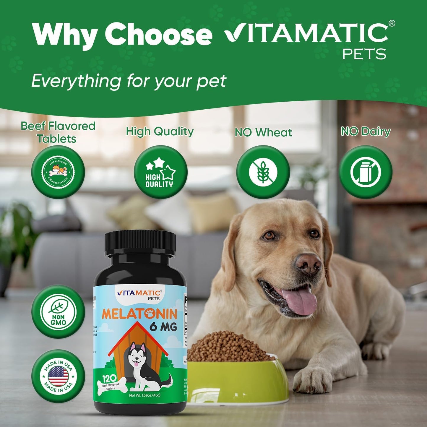 Vitamatic Melatonin for Dogs – 6 mg – 120 Chewable Tablets (Pack of 3) Beef Flavored – Natural Calming Aid for Dogs – Non-Habit Forming – Stress & Sleep Support
