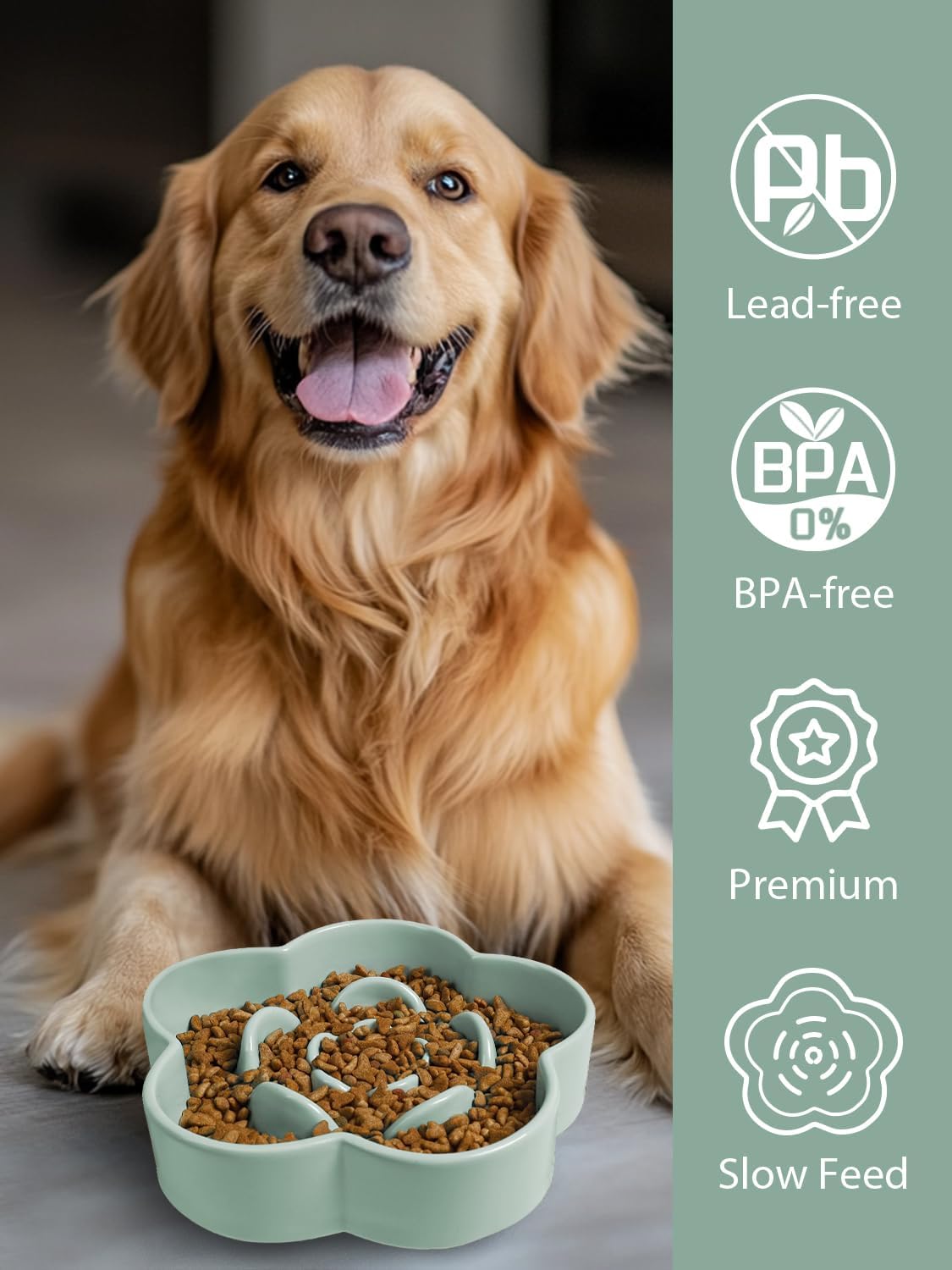 Ceramic Slow Feeder Dog/Cat Bowl, Anti-Choking Food Bowl, 8" 11.3oz for Medium, Large Breeds, Plum Puzzle Design, Non-Slip Silicone, Dishwasher and Microwave Safe, Green