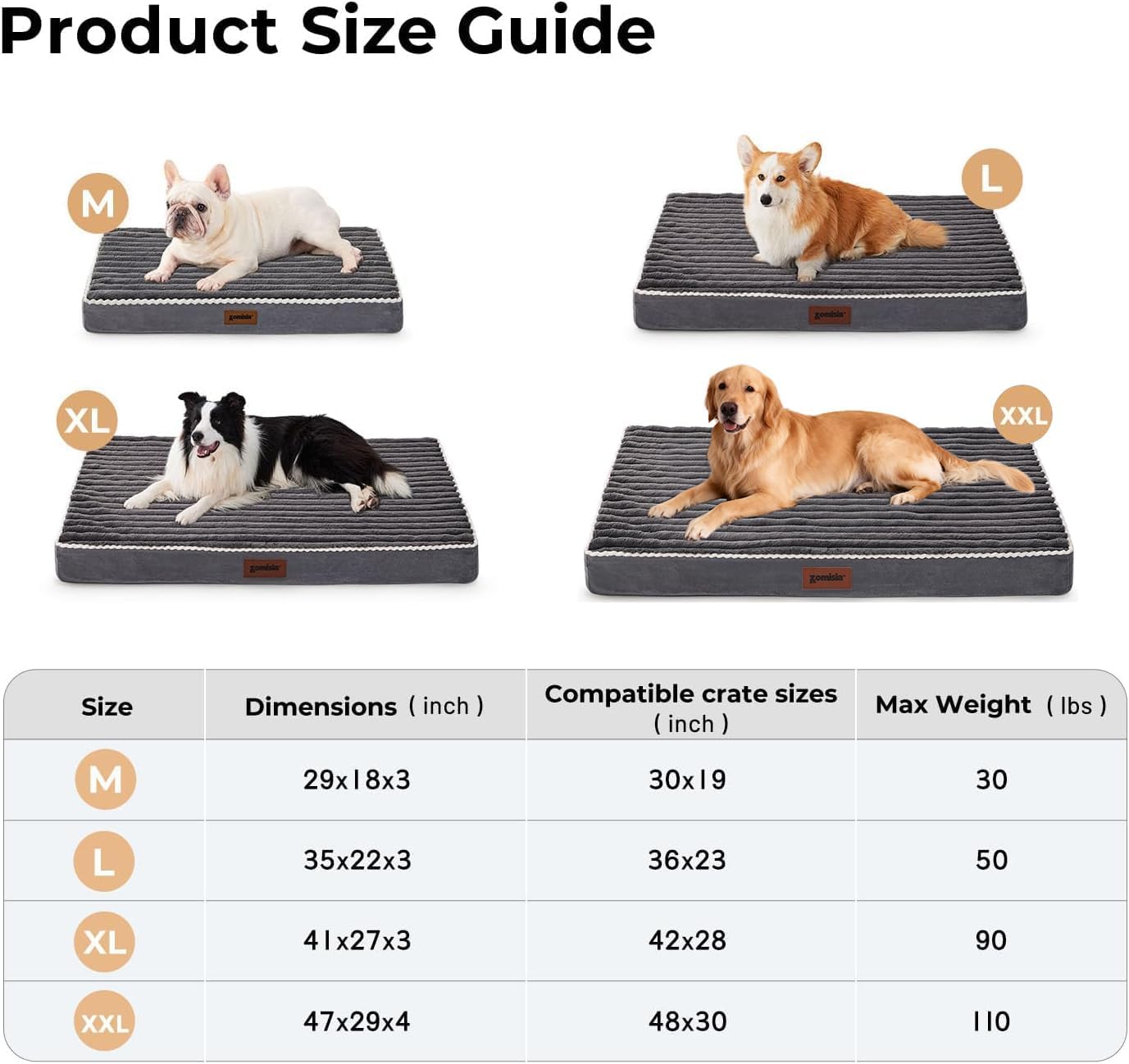 XL Dog Crate Bed for Extra Large Dogs - Waterproof Puppy Bed for 42 Inch Kennel with Removable Washable Corduroy Cover, Orthopedic Support with Egg Crate Foam Filling, Grey