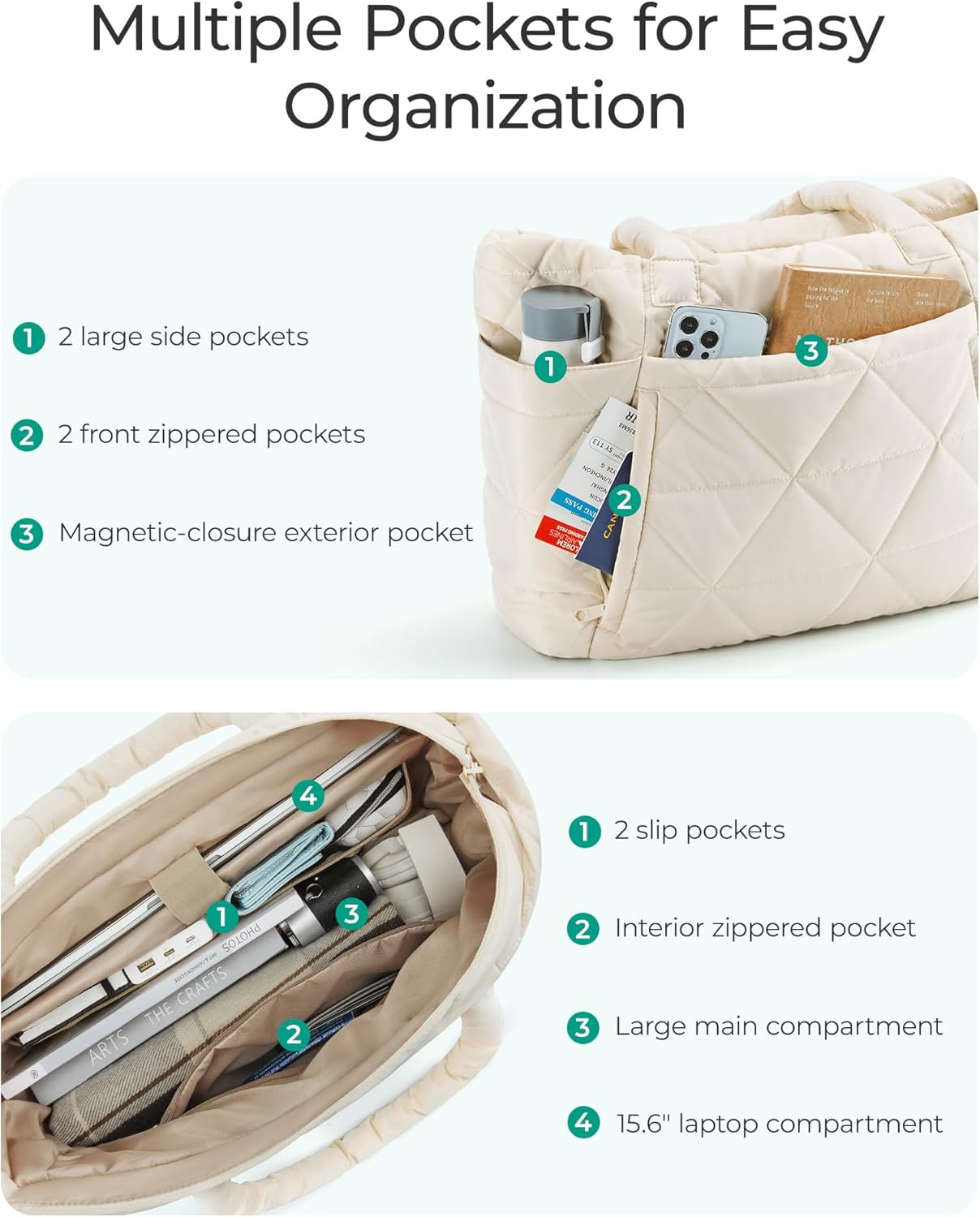 BAGSMART Tote Bag for Women, Puffer Tote Bag with Zipper, Large Quilted Shoulder Bag with Compartments for Travel, Work, Gym