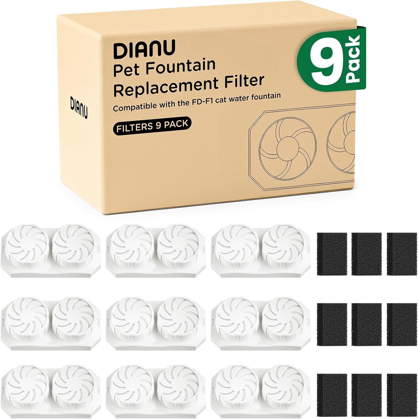 DIANU Official Cat Water Fountain Replacement Filters & Pre-Filter Sponges for 3.2L/108oz Stainless Steel Pet Fountain (9 Pack)