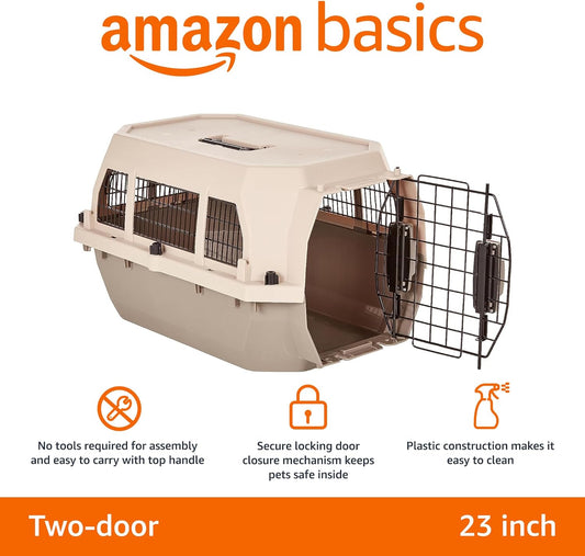 Amazon Basics Hard-Sided Dog and Cat Kennel, Single-Door Travel Pet Carrier with Metal Wire Ventilation, 23.6"L x 15.7"W x 13"H, Beige