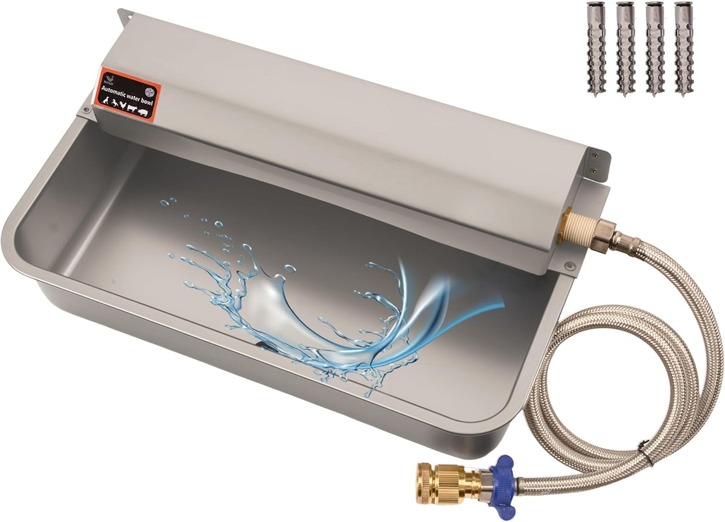 Automatic Dog Water Dispenser with Drain Hole, 304 Stainless Steel Auto Water Dog Bowl with Float Valve, Hose Quick Connect Fitting, Automatic Livestock Waterer for Horse, Chicken (2 Gallons)