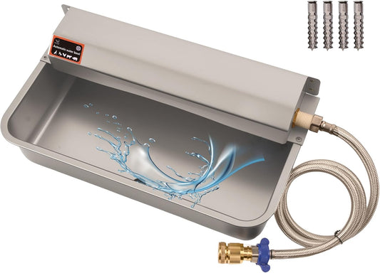Automatic Dog Water Dispenser with Drain Hole, 304 Stainless Steel Auto Water Dog Bowl with Float Valve, Hose Quick Connect Fitting, Automatic Livestock Waterer for Horse, Chicken (2 Gallons)
