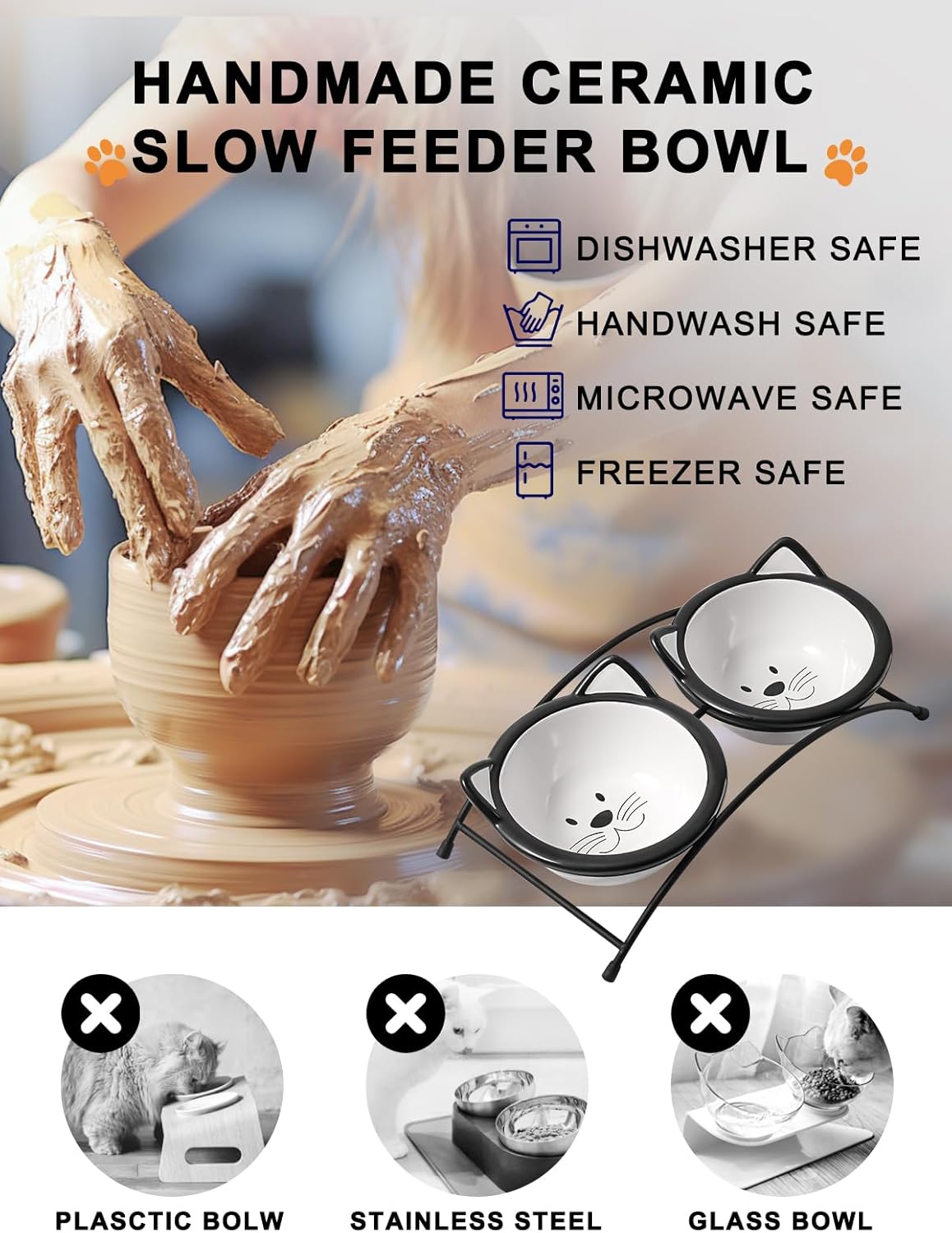 Y YHY Cat Food Bowls, 12 oz Raised Cat Bowls for Food and Water,Ceramic Elevated Pet Dishes Bowls with Stand, Cats and Small Dogs, Dishwasher Safe