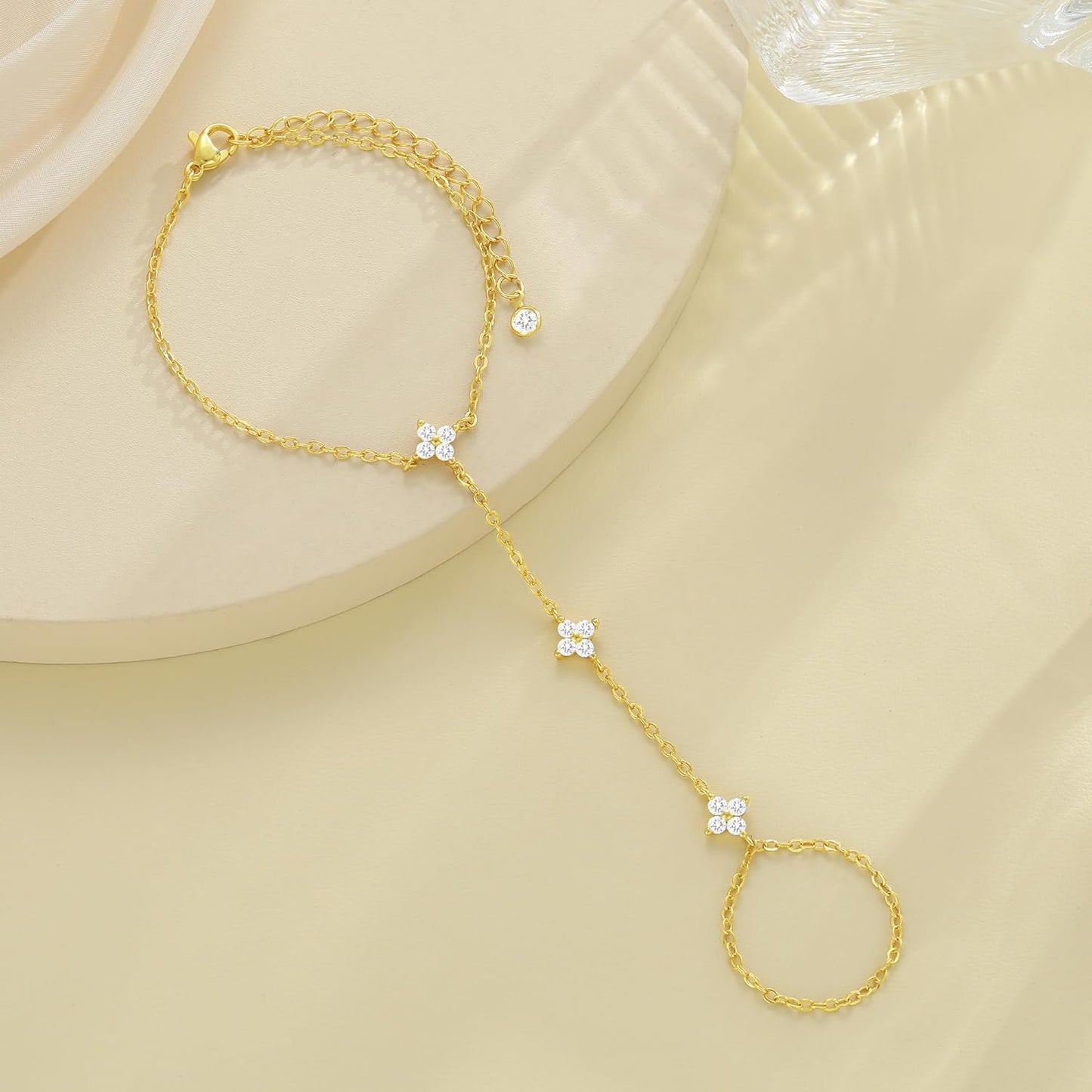 YEEZII Gold Hand Chain Bracelets for Women, 2 Pcs 14k Gold Plated Cubic Zirconia Link Chain Bracelet Set, Trendy ring bracelet hand chain Jewelry for Her