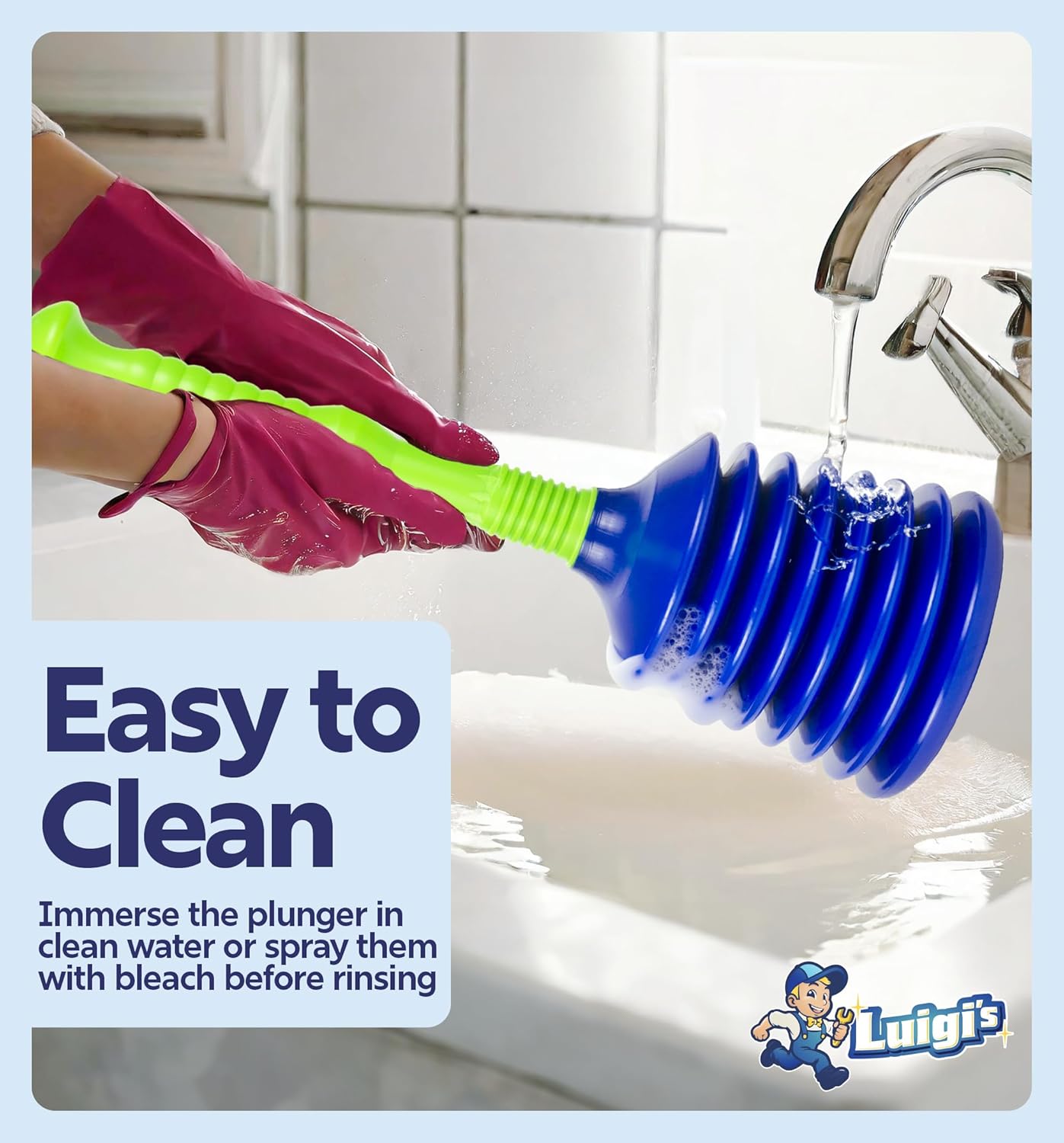 Luigi's Sink Plunger Kitchen - Sink Plunger Bathroom - Drain Bathtub or Shower - Small and Powerful Clog Remover - Commercial Style "Plumbers Plungers" with Large Bellows - Blue - Small