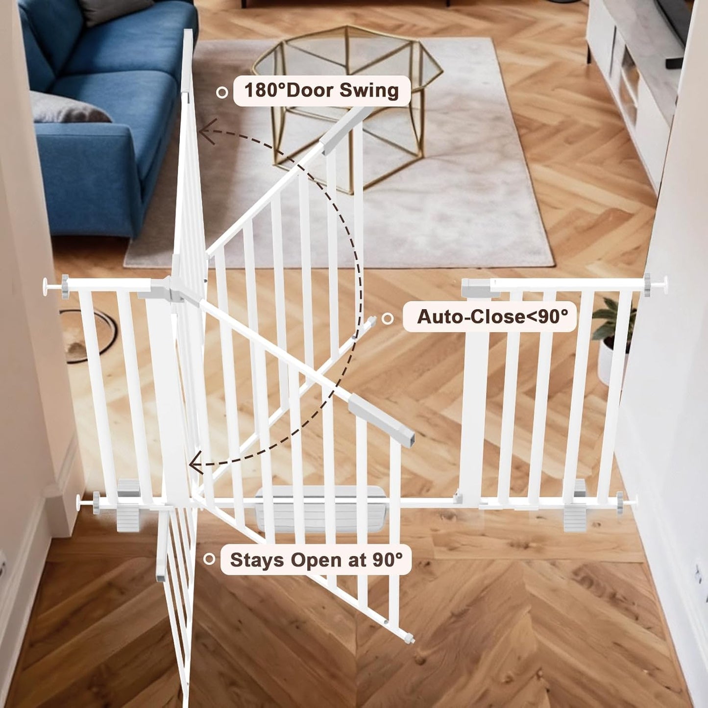 30"-62.5" Extra Wide Baby Gate for Doorways/Hallways,Pressure-Mounted Dog Gate Indoor for Stairs, Auto Close Pet Door for Child/pet Proof Safety, No Need Drilling, White