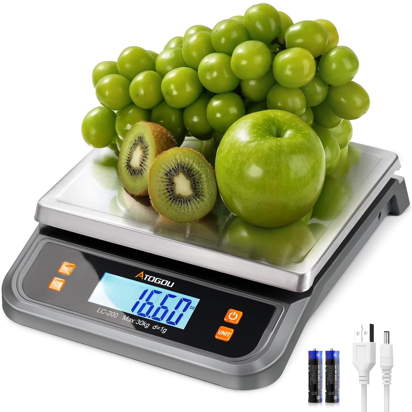 Atogou 66lb Food Scale, Commercial Kitchen Scale Plug-in Usable with Full View LCD Display, Stainless Steel, for Baking, Bread, Cooking, Meat, Vegetables, Farm, Industry LC200 Grey