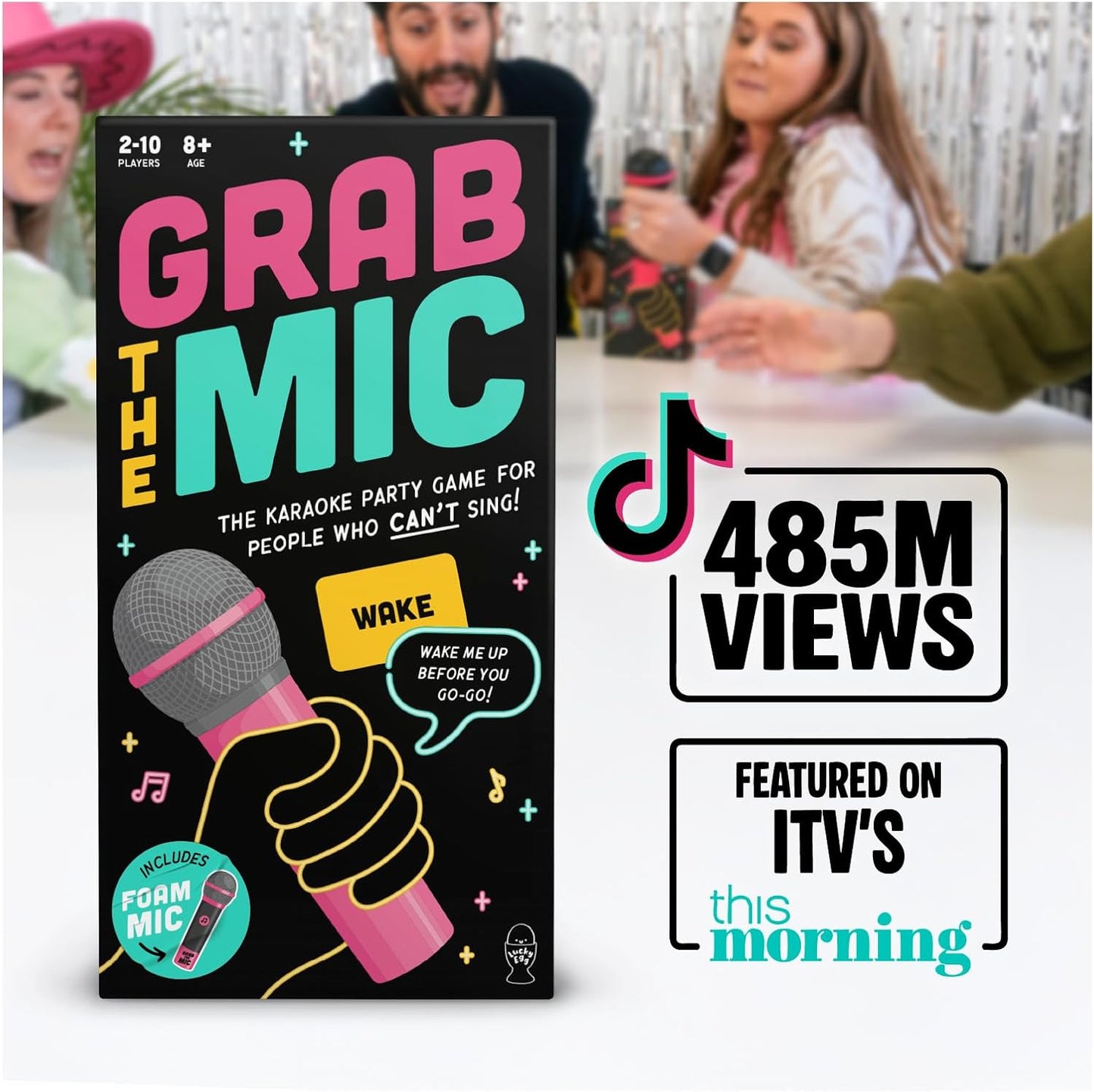 Lucky Egg Official Grab The Mic – Family Karaoke Board Game w/Foam Mic, 8+ Ages, 2-10 Players - Games for Bad Singers w/ 240 Lyrics (120 Cards) (First Edition)