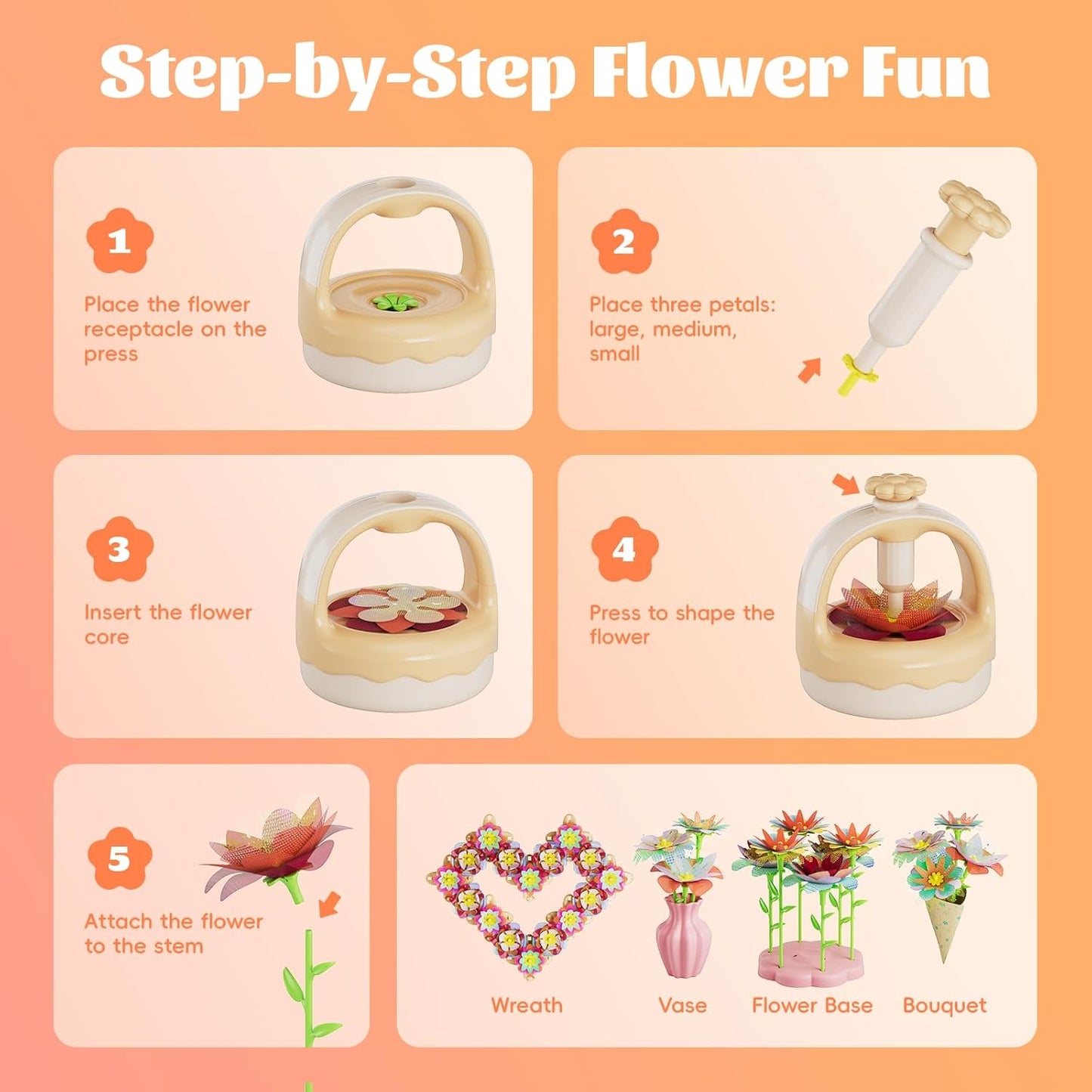 Fabric Flower Bouquet Craft Kit, DIY Arts & Crafts Toy for Kids, Creative Flower-Making Activity Set, Educational Preschool Toy, Perfect Birthday & Christmas Gift for Girls Ages 4 5 6 7 8+ (yellow)