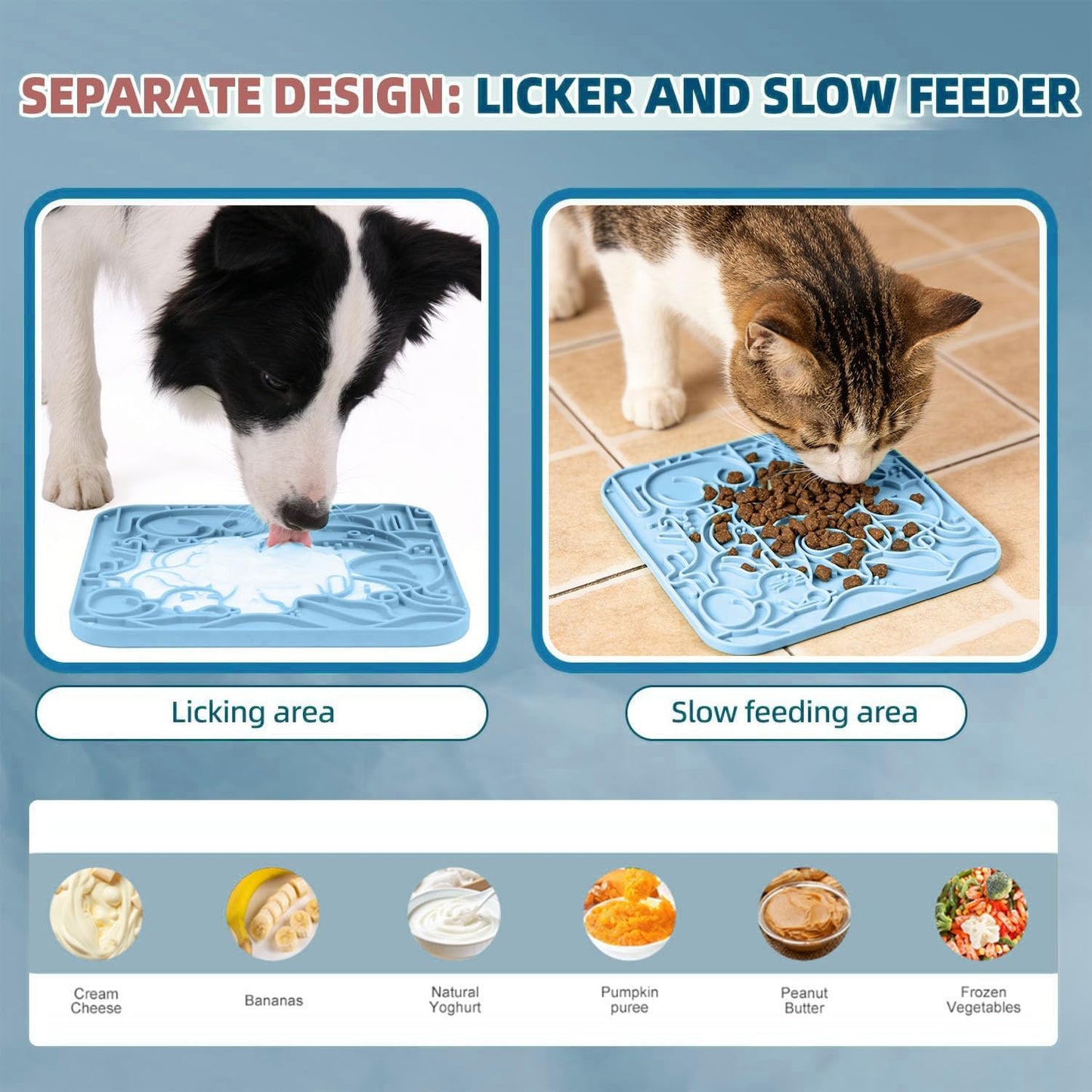 VI-FA Silicone Pet Slow Feeder Mat, Interactive Puzzle Feeding Mat with Cute Animal Pattern, Non-Slip Slow Eating Bowl for Dogs and Cats to Prevent Bloat and Choking(Deep Blue+Light Blue)