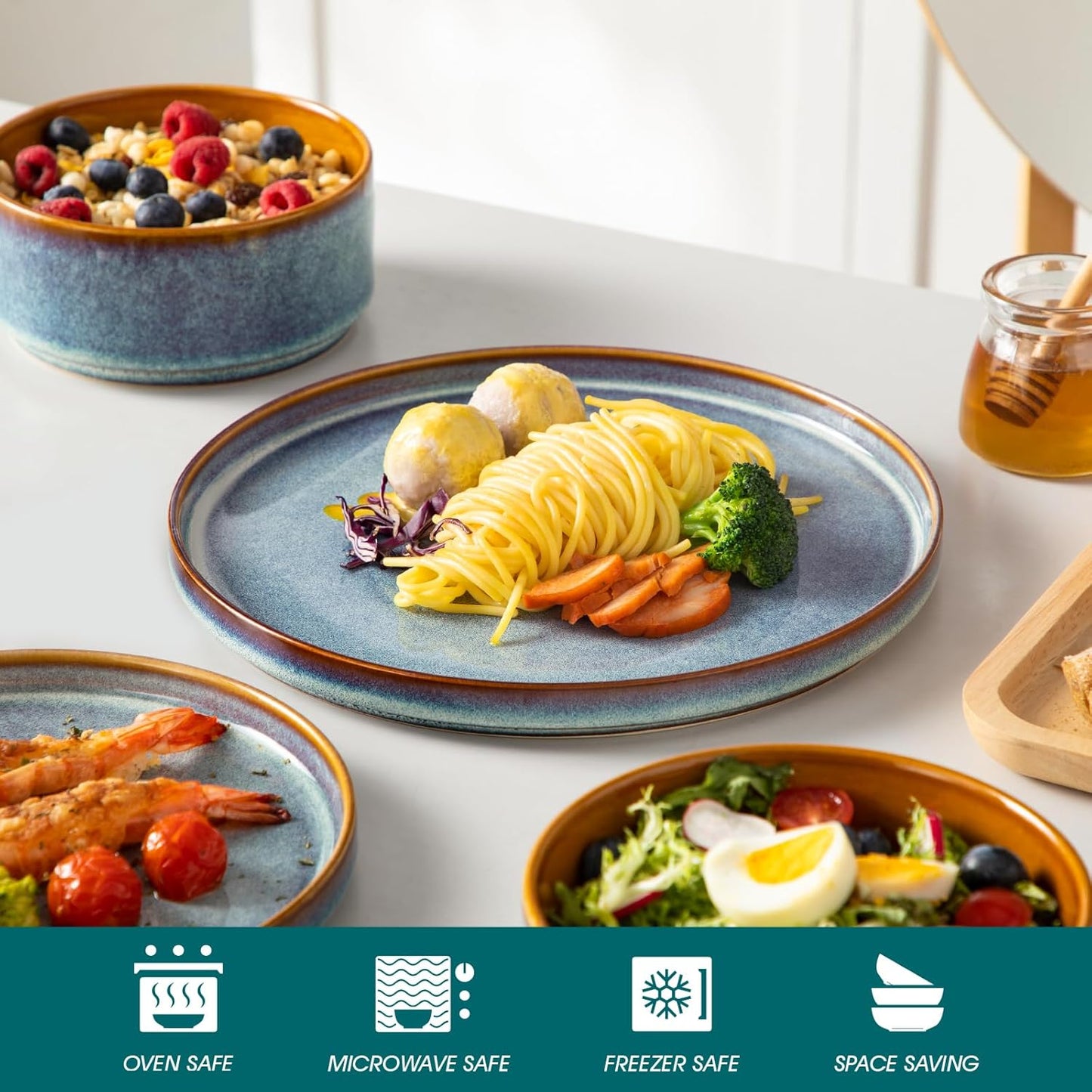 vancasso ONION Ceramic Plates and Bowls Sets, 12 Pieces Blue Dinnerware Sets for Kitchen, Reactive Glaze Dishes Set for 4, Dishwasher and Microwave Safe