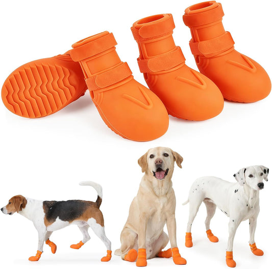 Pezluxe Waterproof Dog Boots, Non-Slip Dog Rain Boots with Ergonomic Design for Front & Back Paws, Outdoor Dog Shoes for Small Medium Large Dogs, Paw Protectors for Hot Pavement & Snow, Orange, XL