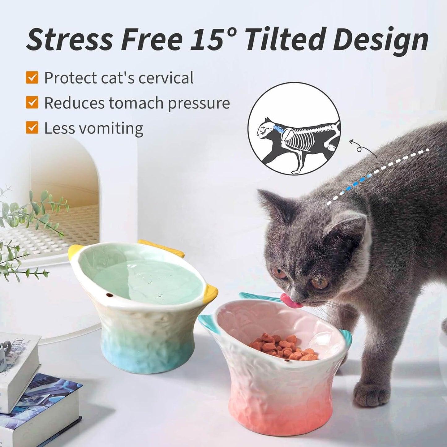 Ceramic Raised Cat Food Bowl, Shallow & Tilted, Anti Vomiting and Whisker Fatigue, Non-Slip, Cute Fish Shape Cat Feeding Bowls for Dry and Wet Food, for Kitten, Pink/Green, 2-Pack