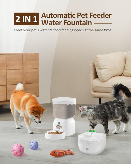 Automatic Cat Feeder with 3L Dry Cat Food Dispenser and 2L Water Fountain, Timed Dog Feeder with Portion Control and Daily Meals, Wire/Battery Automatic Feeders in White