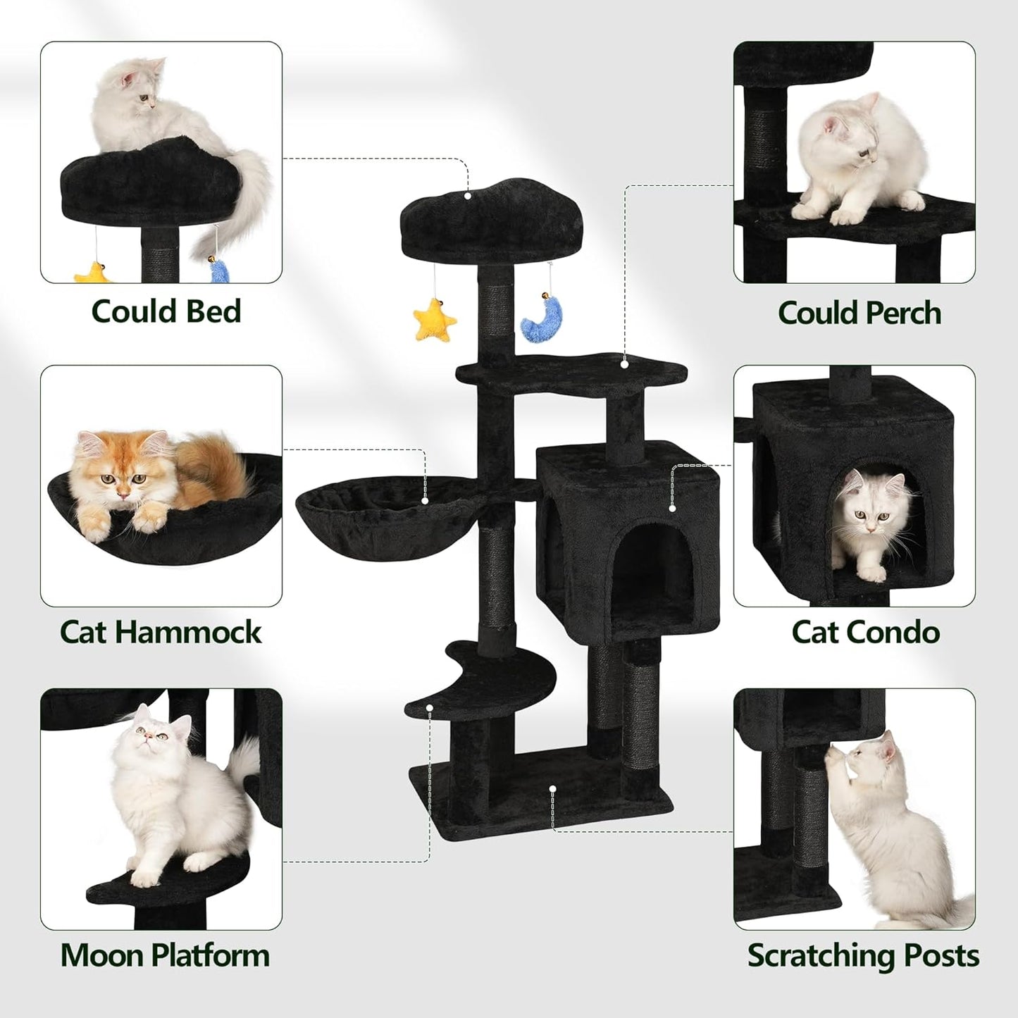 Gothic Black Cat Tree for Indoor Kittens & Small Cats Under 6 Months 9lbs, 43-Inch Cute Cat Tower with Scratching Post, Cat Condos, Cozy Hammock, Unique Perch & Dangling Toy