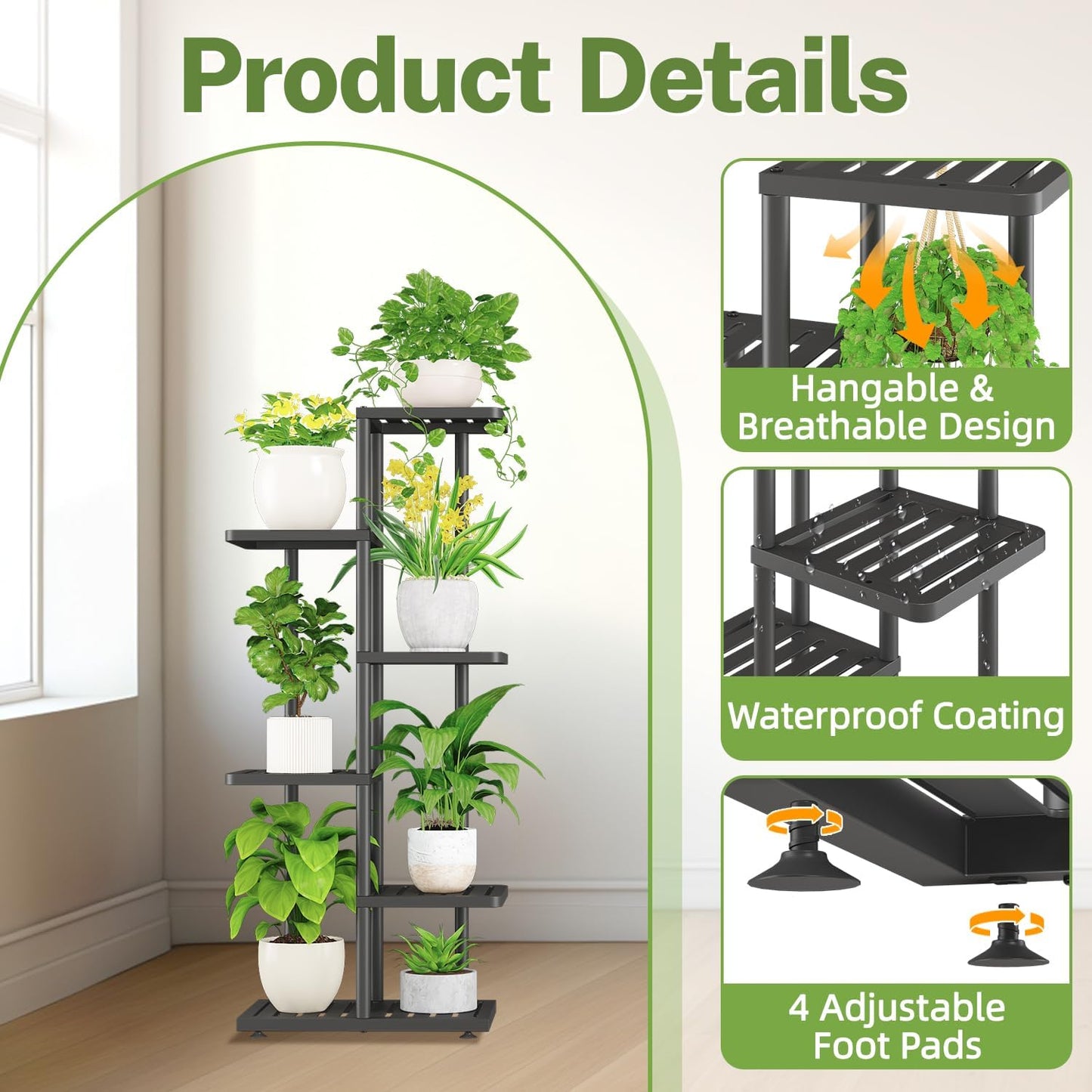 iDavosic.ly Plant Stand Indoor Outdoor, 5-Tier Tall Metal Flower Shelf for Heavy-Duty Large Planters, Corner Orchid Display Rack for Living Room Balcony Patio Porch, Space Saving, Modern Black