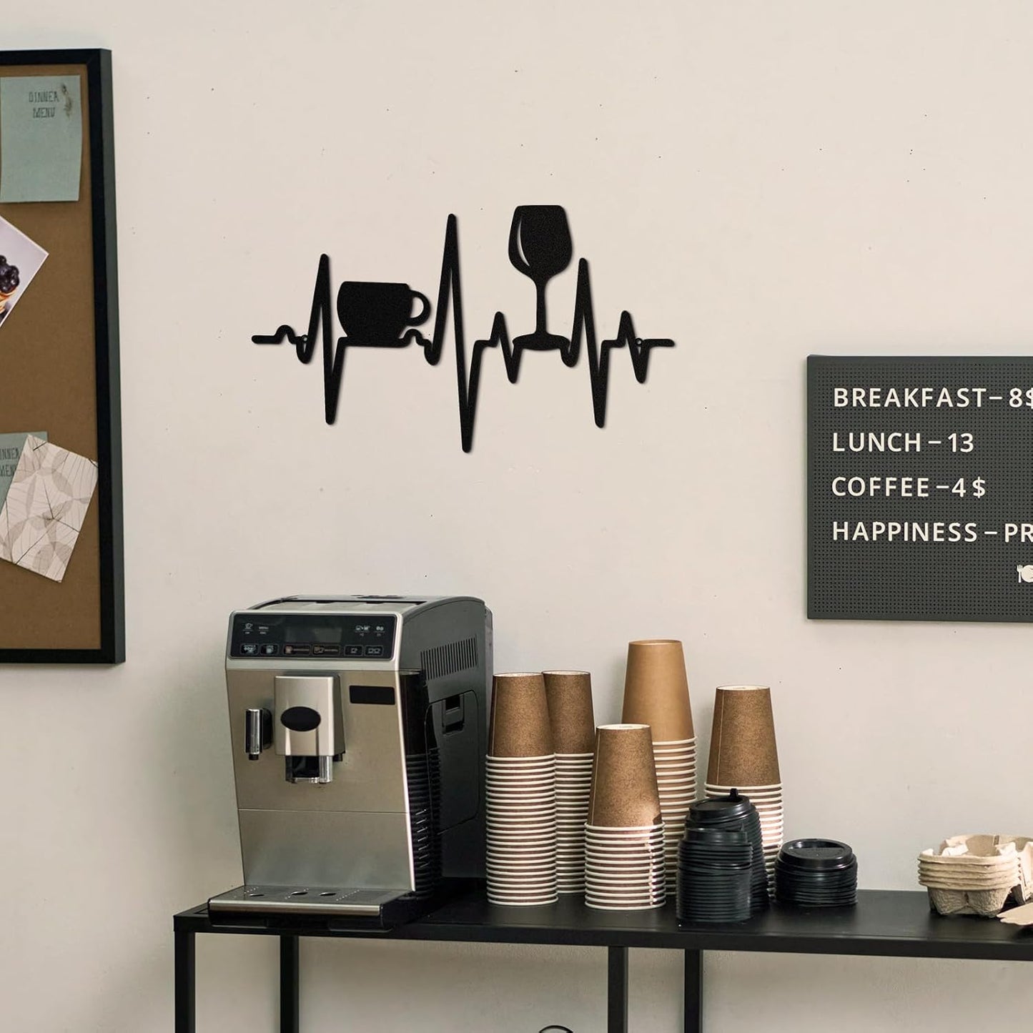 Blulu Heartbeat Coffee and Wine Bar Sign 15.75 x 9.04 Inch Rustic Black Metal Wine Art Wall Decor Wall Hanging for Farmhouse Kitchen Home Bar Cafe Decor