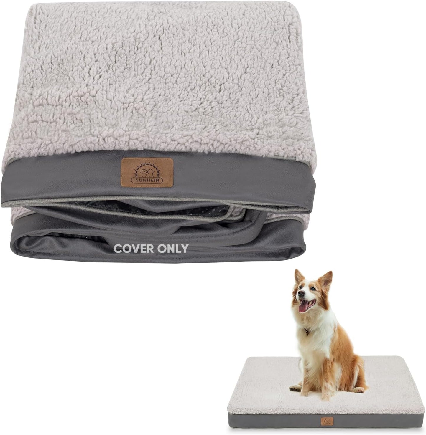 Sunheir Washable Large Dog Bed Covers Soft Plush Replacement, Waterproof Dog Bed Liner, Pet Bed Cover with Zipper 35x22x3 Inches, Grey, Cover Only