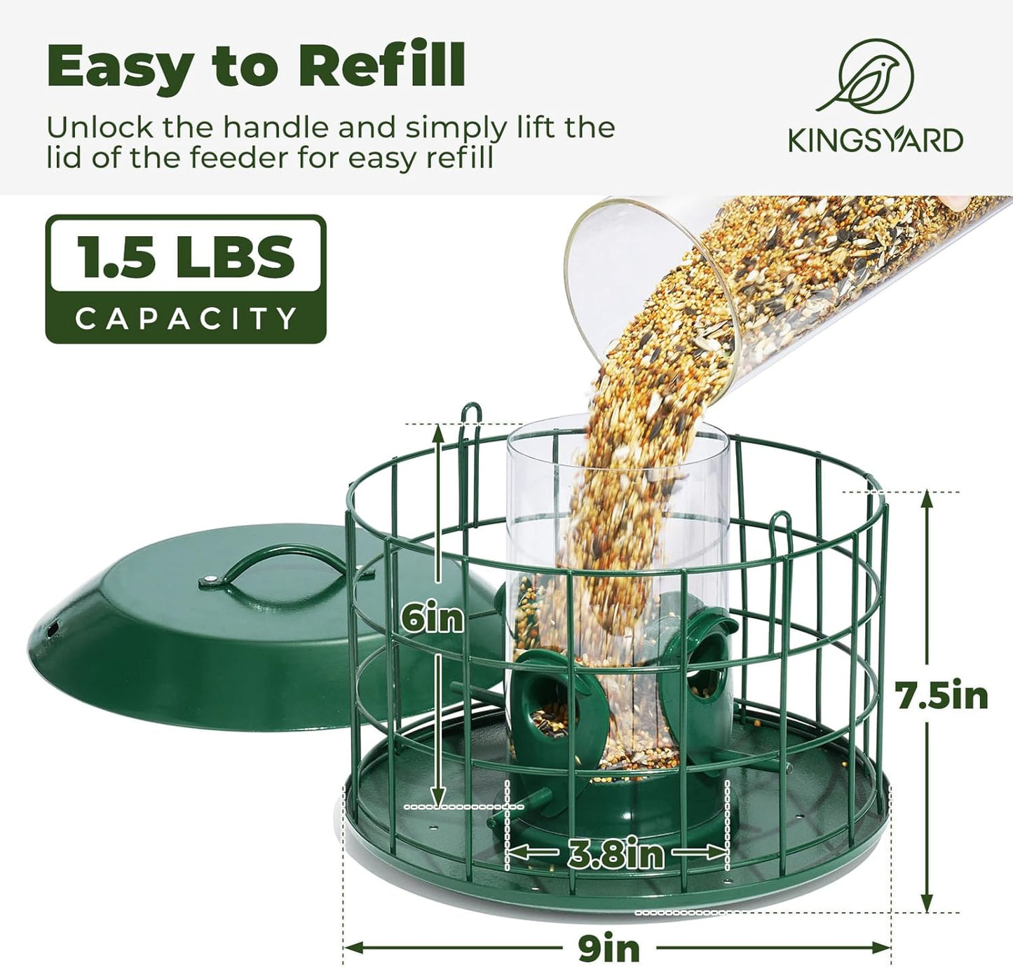 Kingsyard Tube Squirrel Proof Bird Feeders for Outdoor Hanging, Metal Caged Bird Feeder with Rain Proof Covered for Wildbirds Finches Bluebird, 4 Feeding Ports, Green