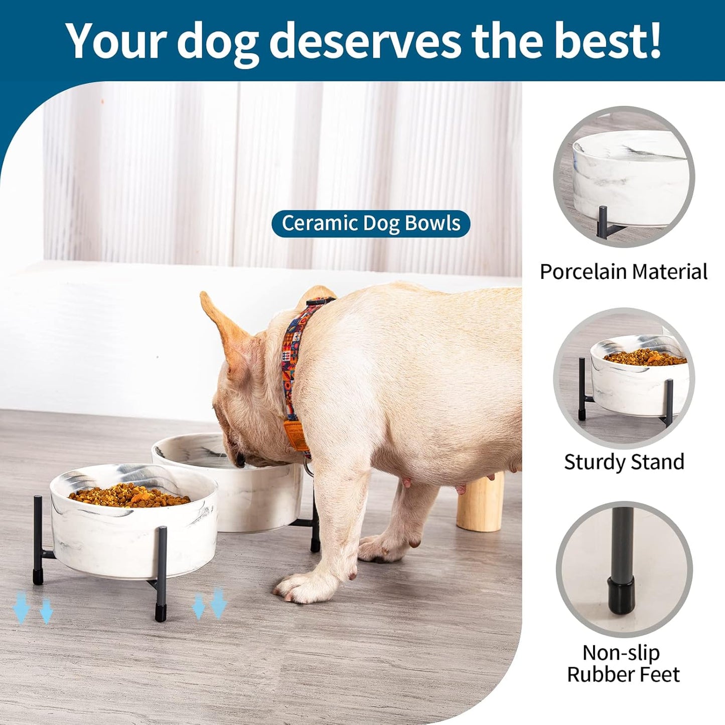TAMAYKIM 32 oz Ceramic Dog Cat Bowls with Elevated Metal Stand, 6 Inch Porcelain Round Food and Water Bowl Set, Non-Slip Pet Feeder Bowls for Cats & Dogs, Marble Grey, Set of 2