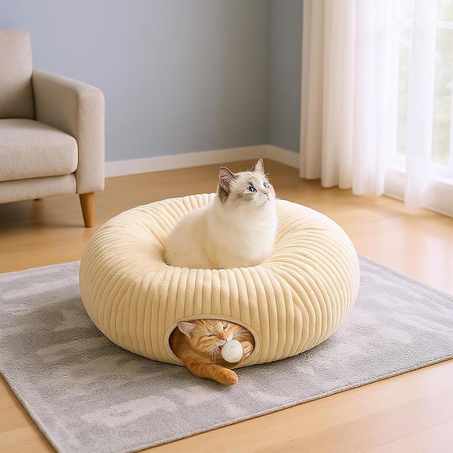 Cat Tunnel Bed with 40 Pcs Interactive Cat Toys, Cat Tube with Kitten Toys for Indoor Kittens, Collapsible Play Tunnel, White