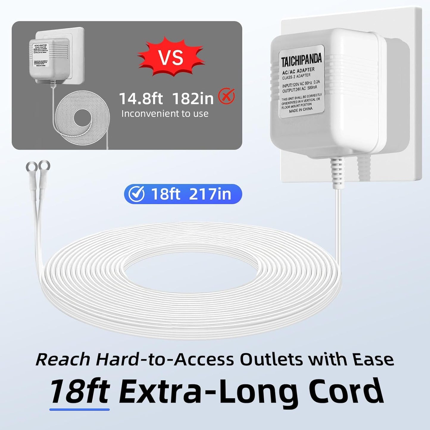 24V Doorbell Transformer, 500MA AC Adapter for All Ring Video Doorbell Versions, 18ft Doorbell Power Supply, Power Cable Compatible with Ring, Nest, Wyze, and Eufy Doorbells