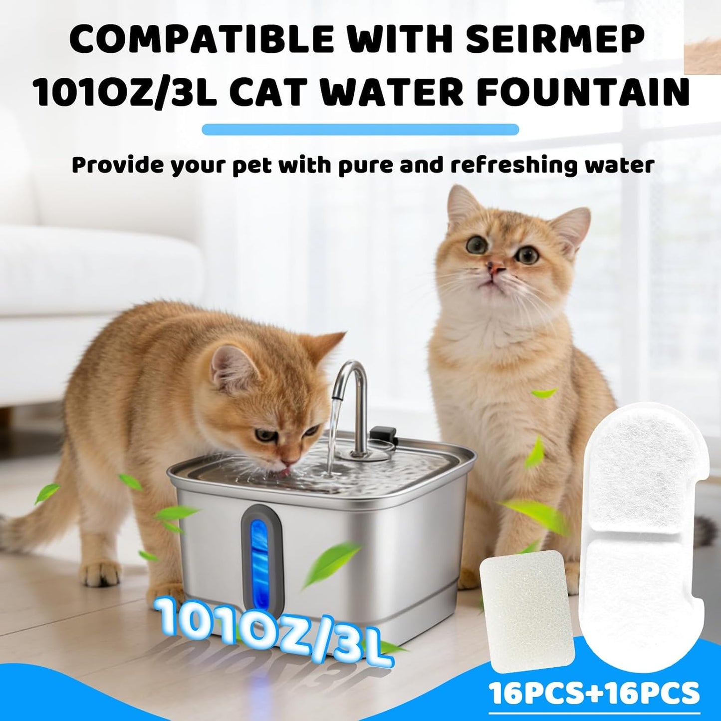 16+16 Pack Cat Water Fountain Filter Replacements Compatible with SEIRMEP 101oz/3L Stainless Steel Cat Water Fountain, Includes 16 Filters & 16 Pre-Filter Sponges